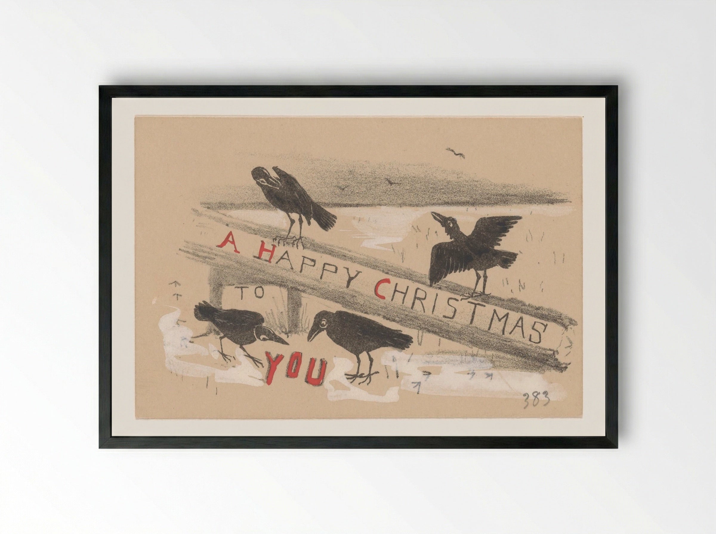 Kerstkaart met vier kraaien - Theo van Hoytema - Framed Print Black