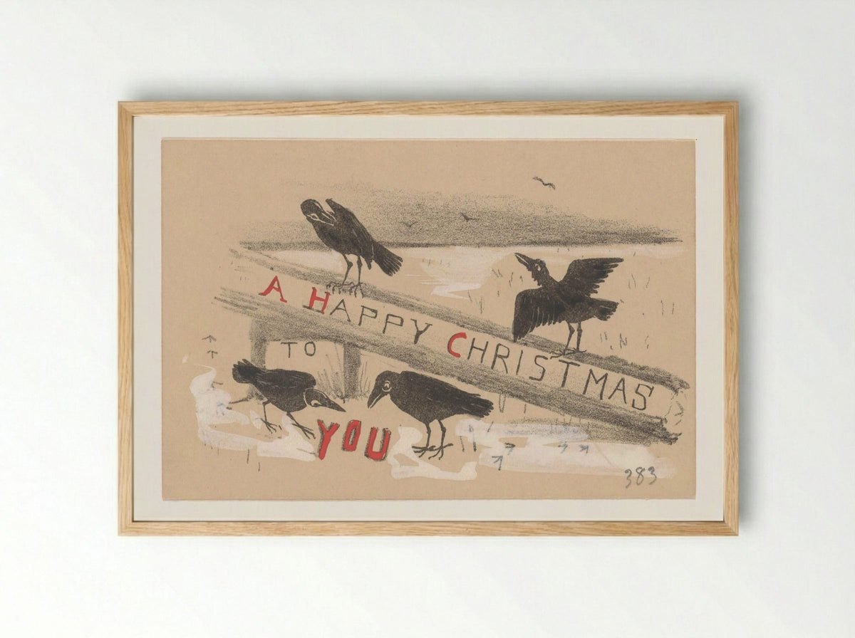 Kerstkaart met vier kraaien - Theo van Hoytema - Framed Print Wood
