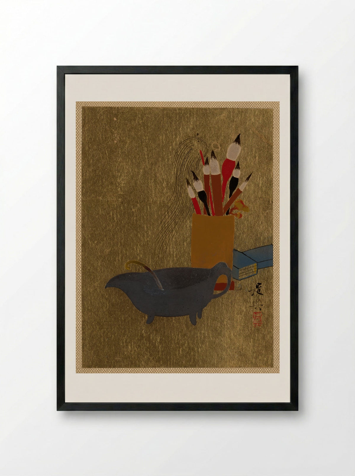 Kettle and Box with Paint Brushes - Shibata Zeshin - Framed Print Black