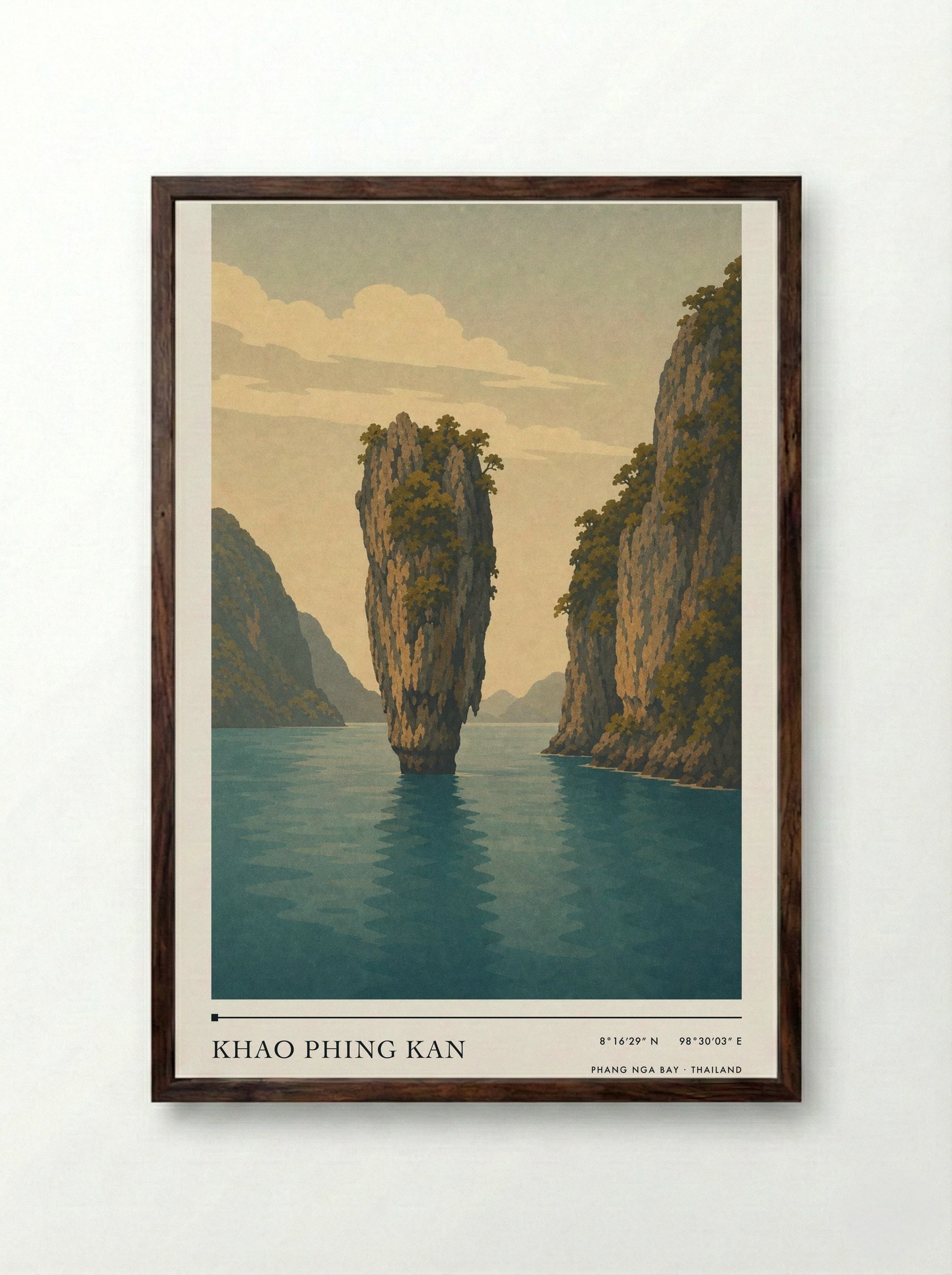 Khao Phing Kan Travel Poster Artwork - Framed Print Dark Wood