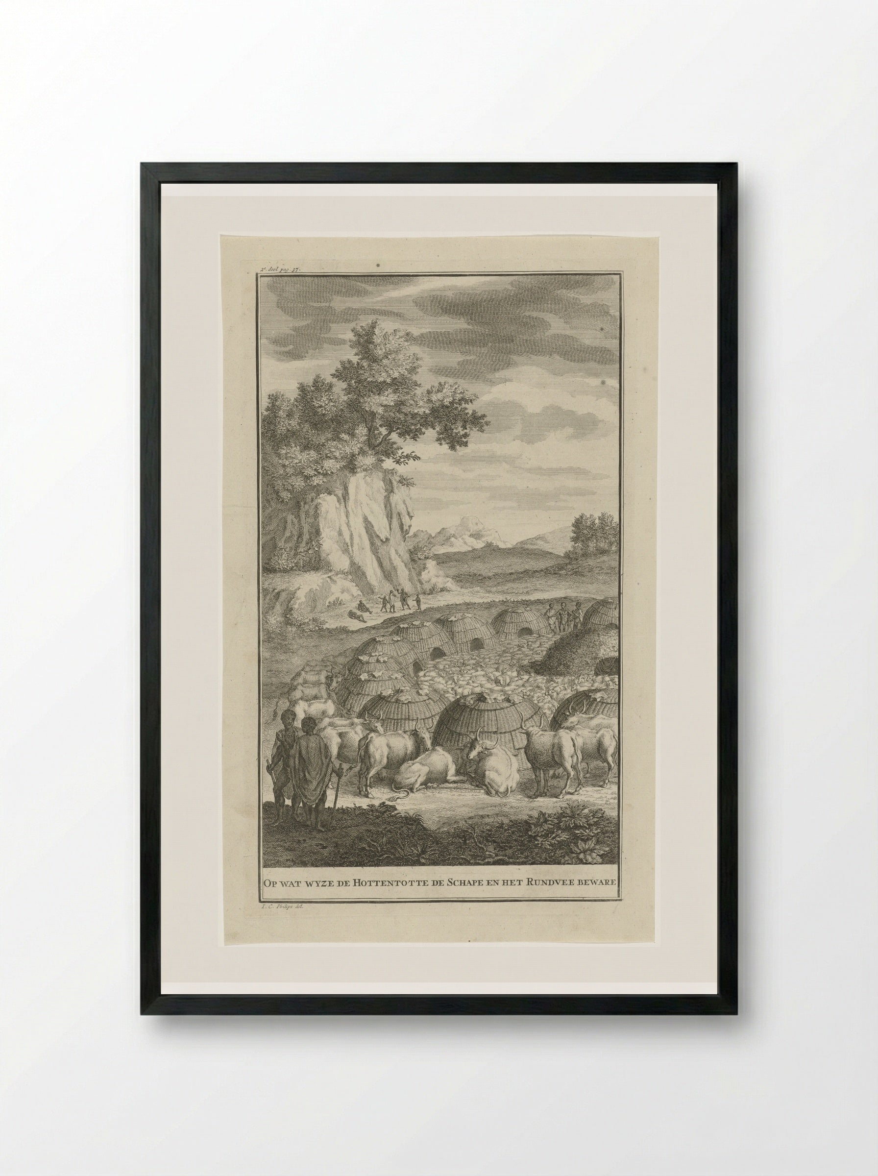 Khoikhoi bij een kraal met hun vee - Jan Caspar Philips - Framed Print Black