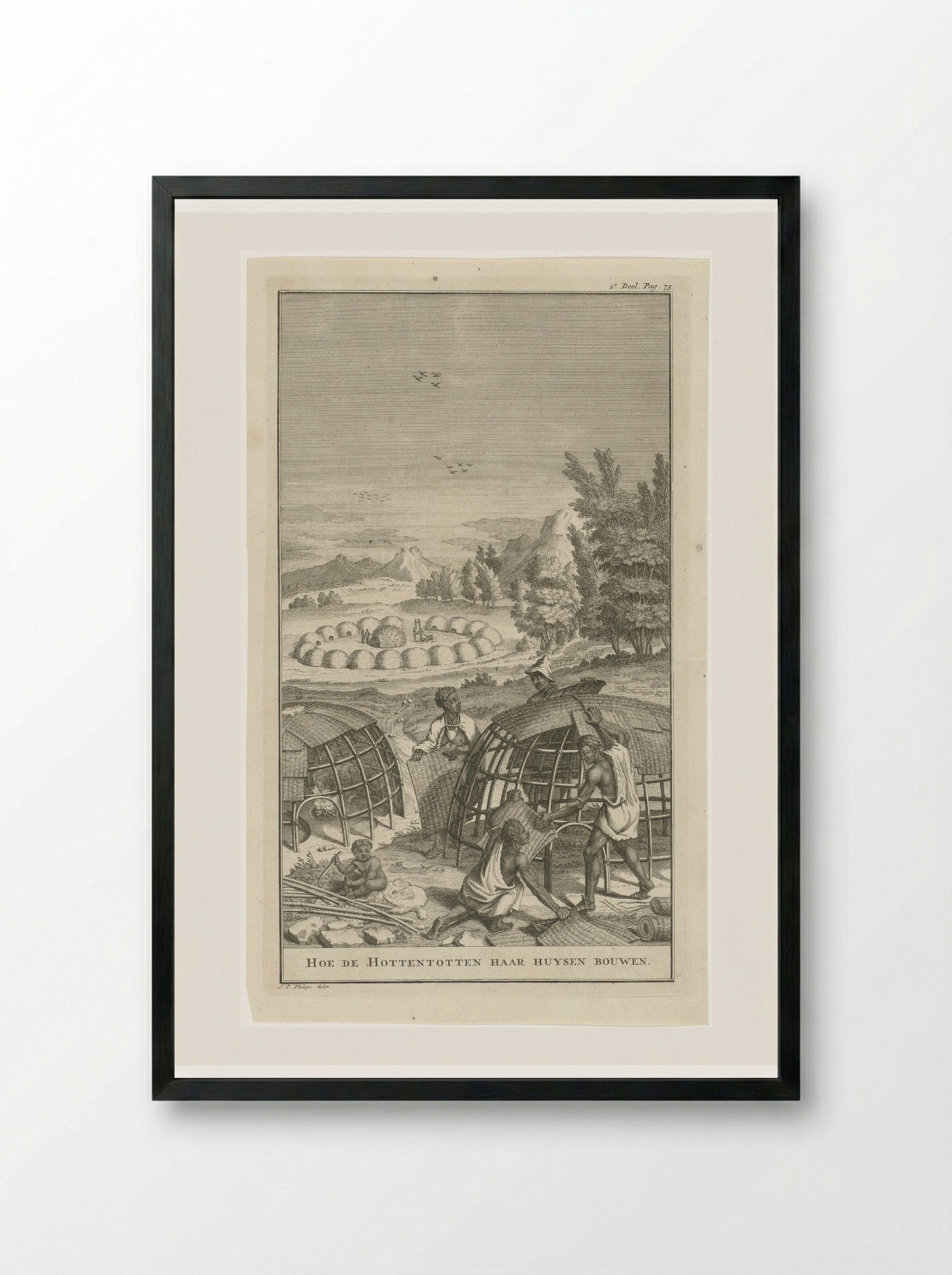 Khoikhoi bouwen een hut - Jan Caspar Philips - Framed Print Black