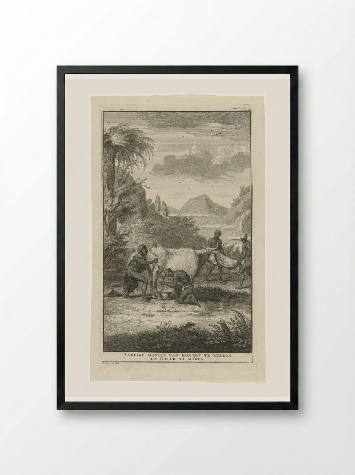 Khoikhoi die een koe melkt - Jan Caspar Philips - Framed Print Black