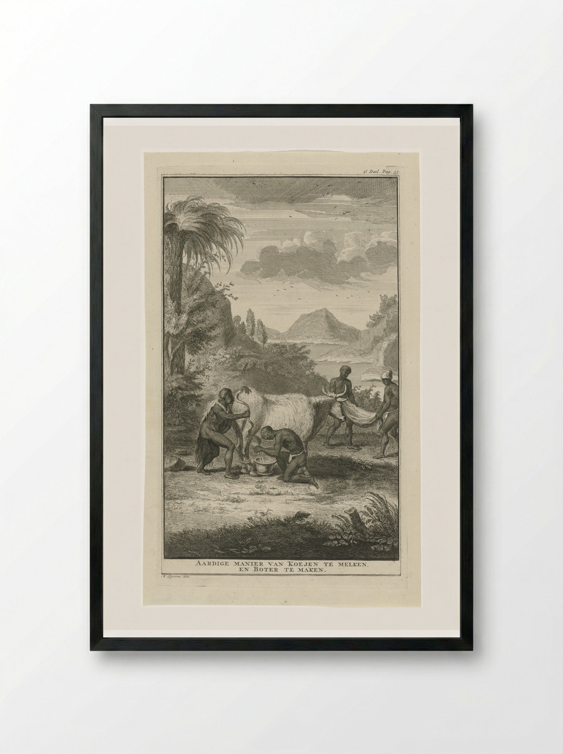 Khoikhoi die een koe melkt - Jan Caspar Philips - Framed Print Black