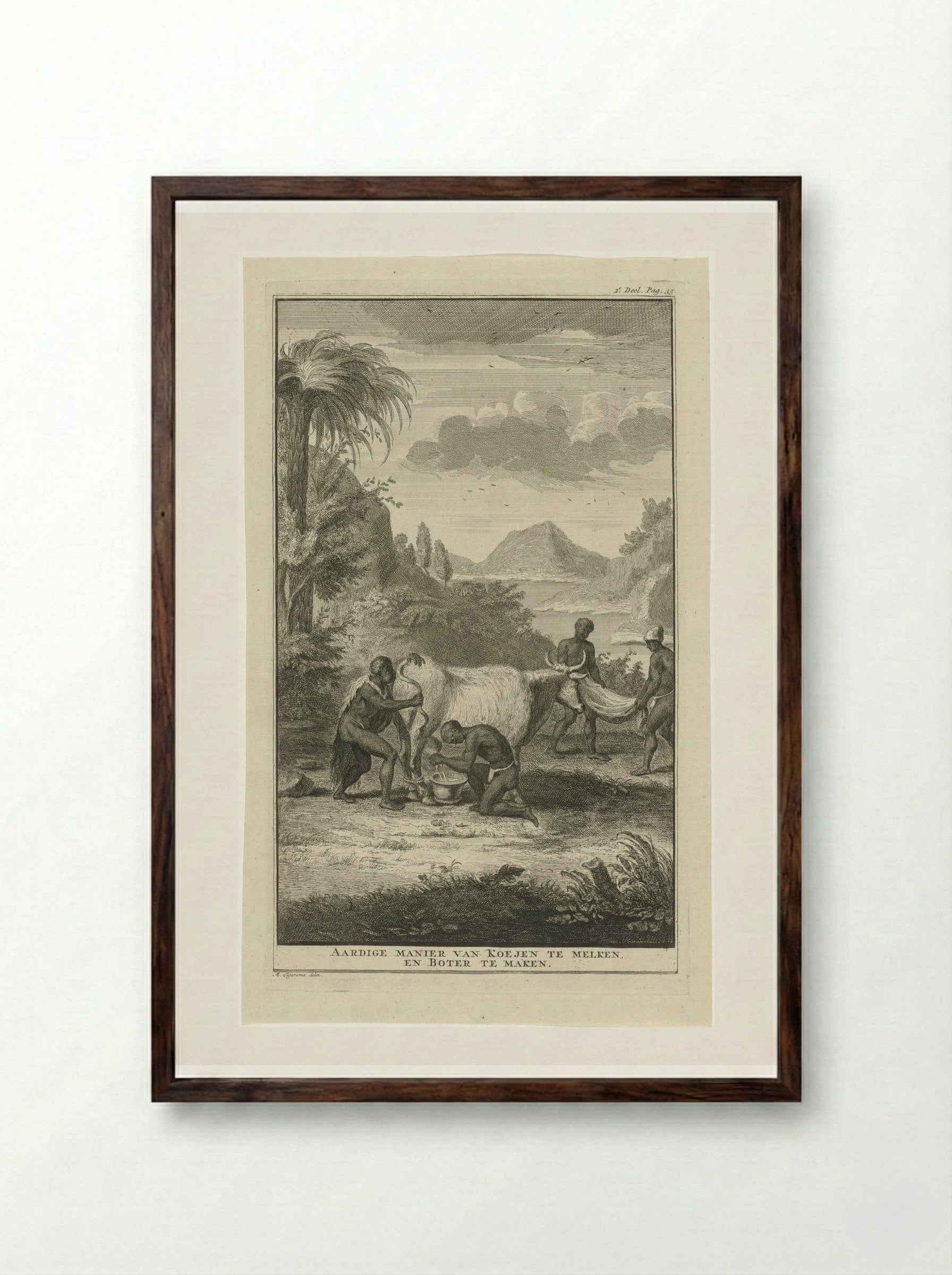 Khoikhoi die een koe melkt - Jan Caspar Philips - Framed Print Dark Wood