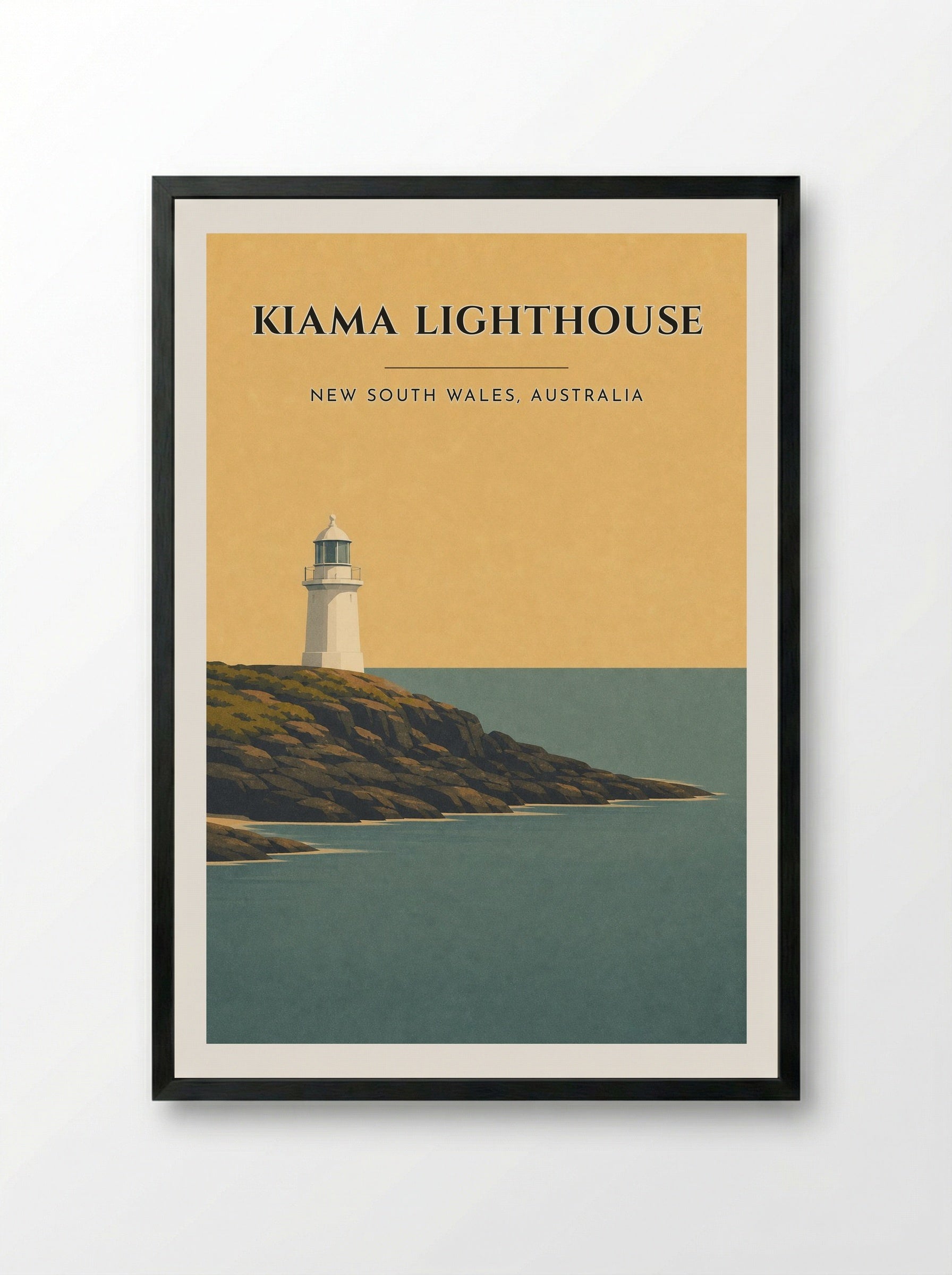 Kiama Lighthouse Travel Poster Artwork - Framed Print Black