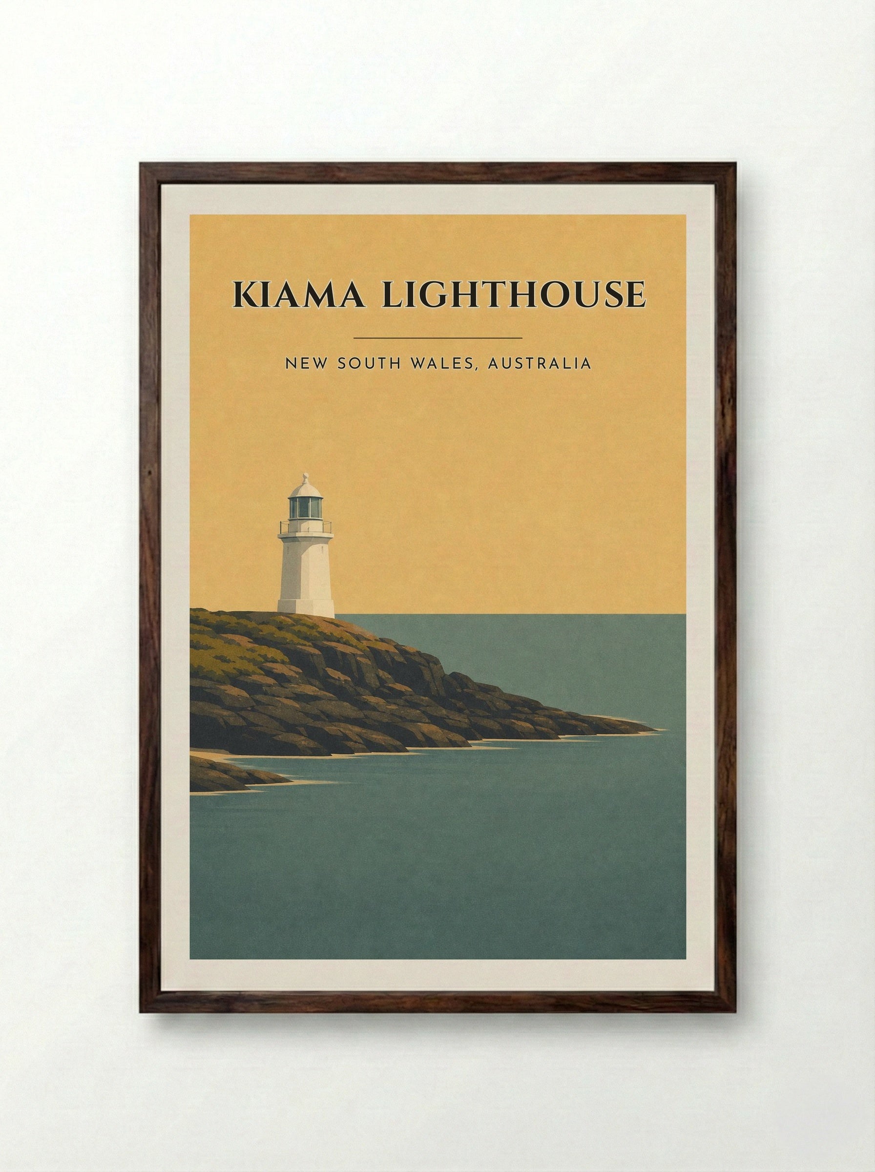 Kiama Lighthouse Travel Poster Artwork - Framed Print Dark Wood