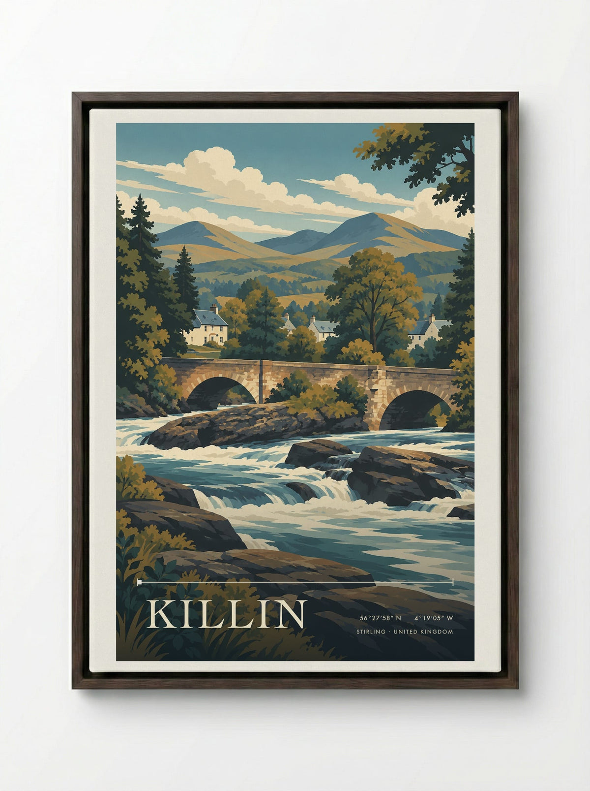 Killin, Stirling | Travel Poster - Framed Canvas Dark Wood