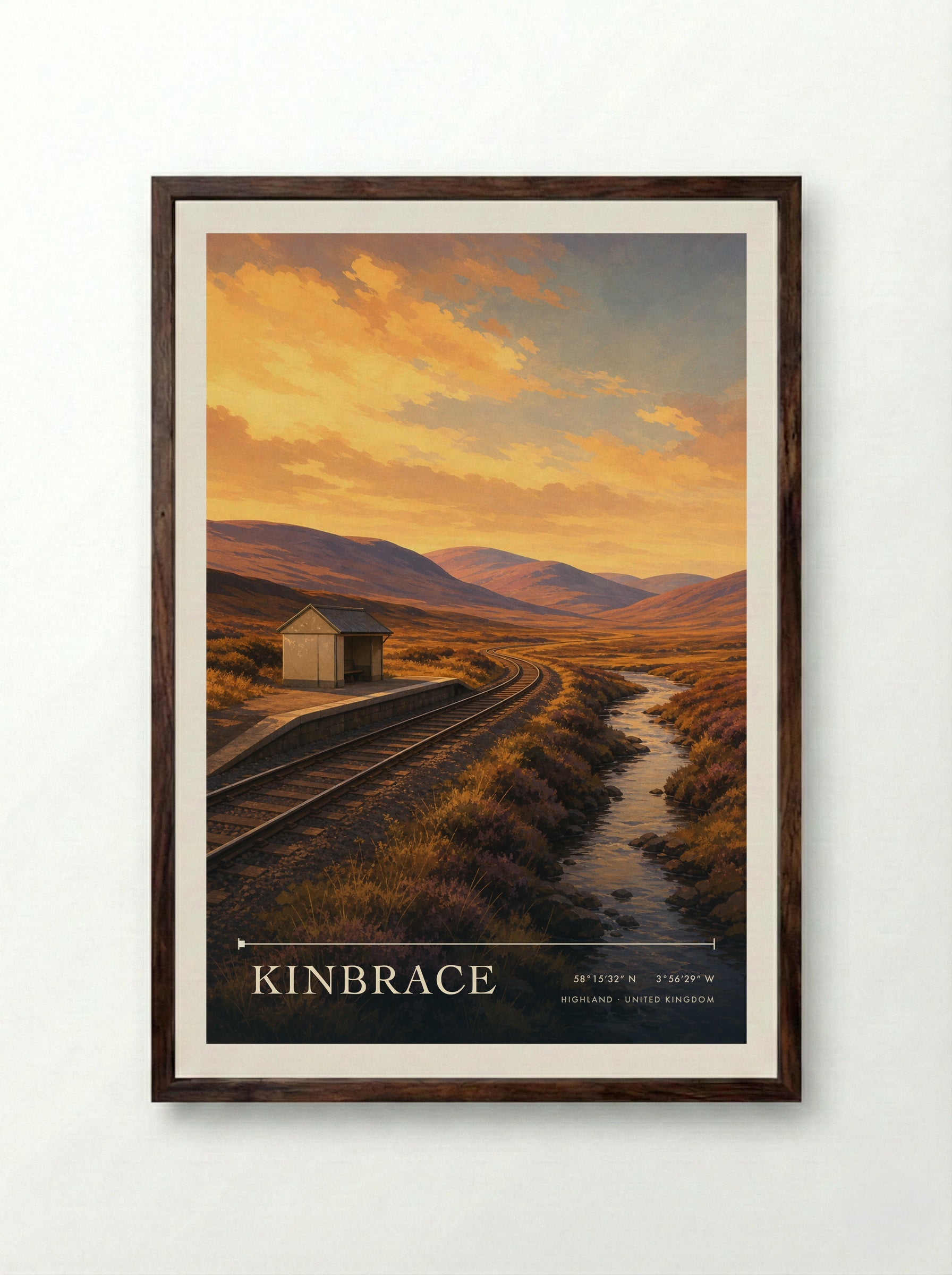 Kinbrace Highland United Kingdom Travel Poster - Framed Print Dark Wood