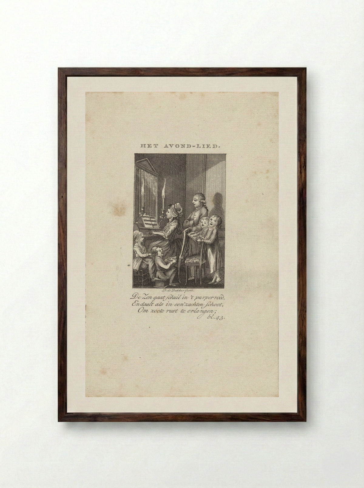 Kinderen met hun vader en moeder zingen bij een orgel - B. de Bakker - Framed Print Dark Wood