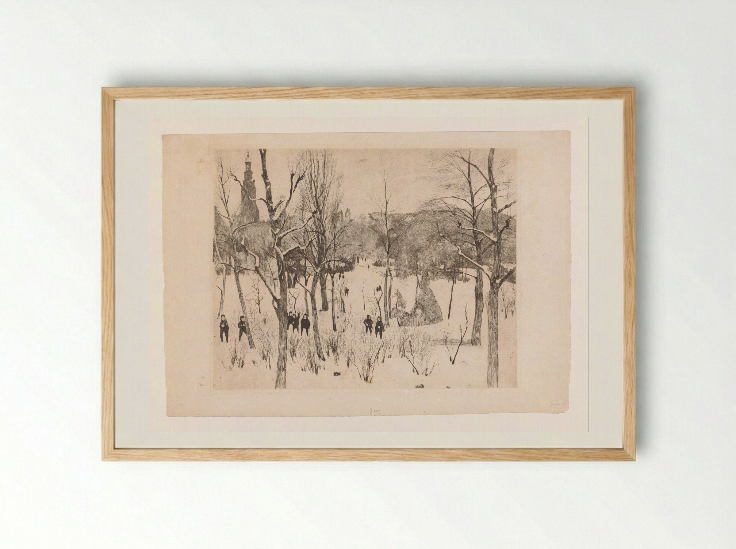 Kinderen spelen in de sneeuw in het Oosterpark in Amsterdam - Willem Witsen - Framed Print Wood