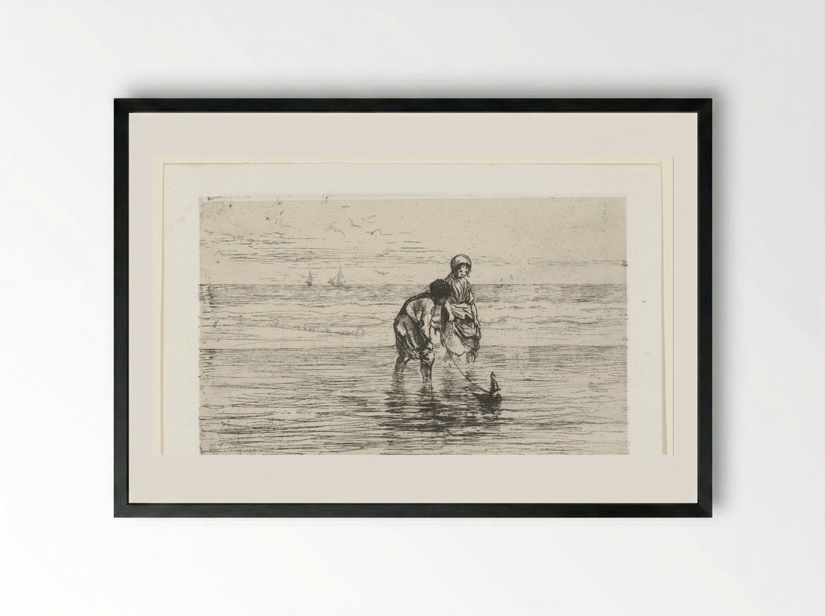 Kinderen spelend met een scheepje aan het strand - Jozef Israëls - Framed Print Black