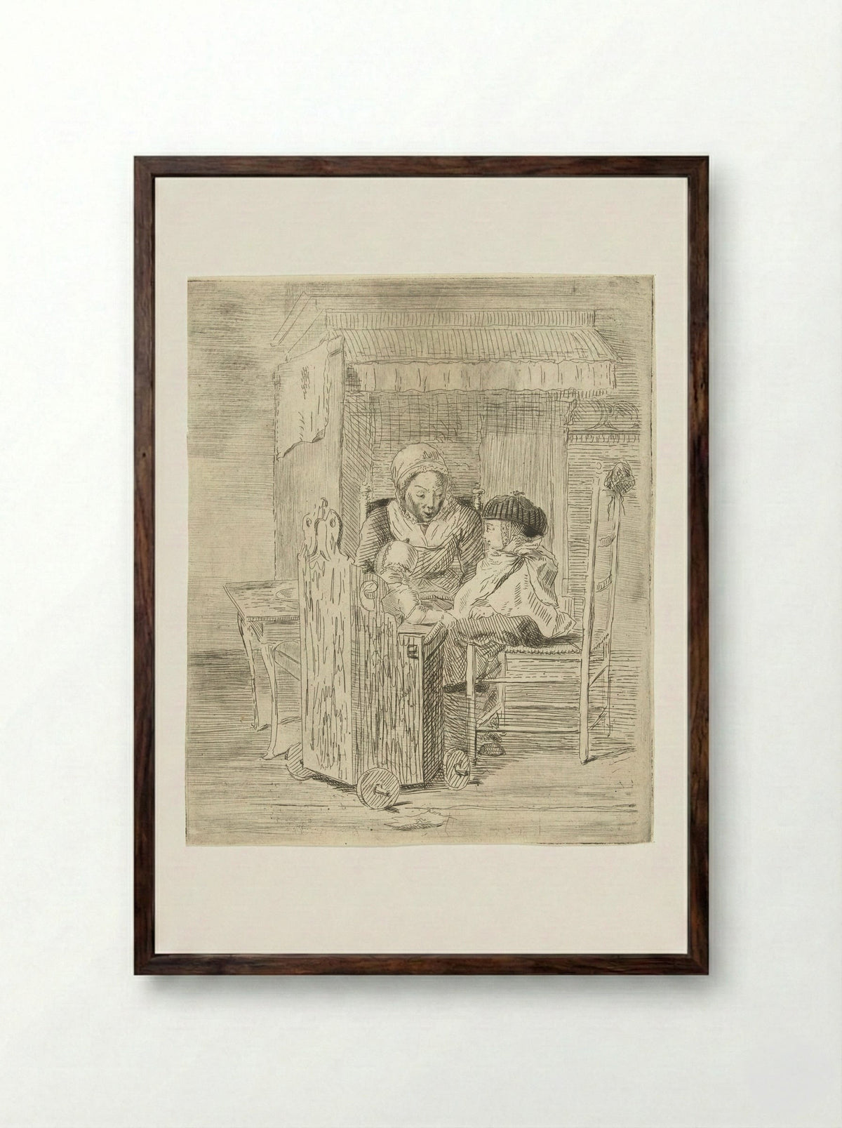 Kindermeid met twee kinderen - Louis Bernard Coclers - Framed Print Dark Wood