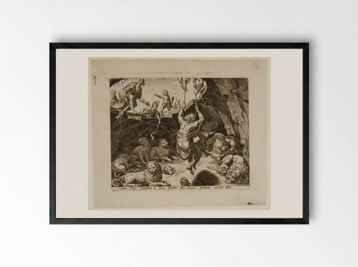 King Cyrus Rescues Daniel from the Lion's Den - Philips Galle - Framed Print Black