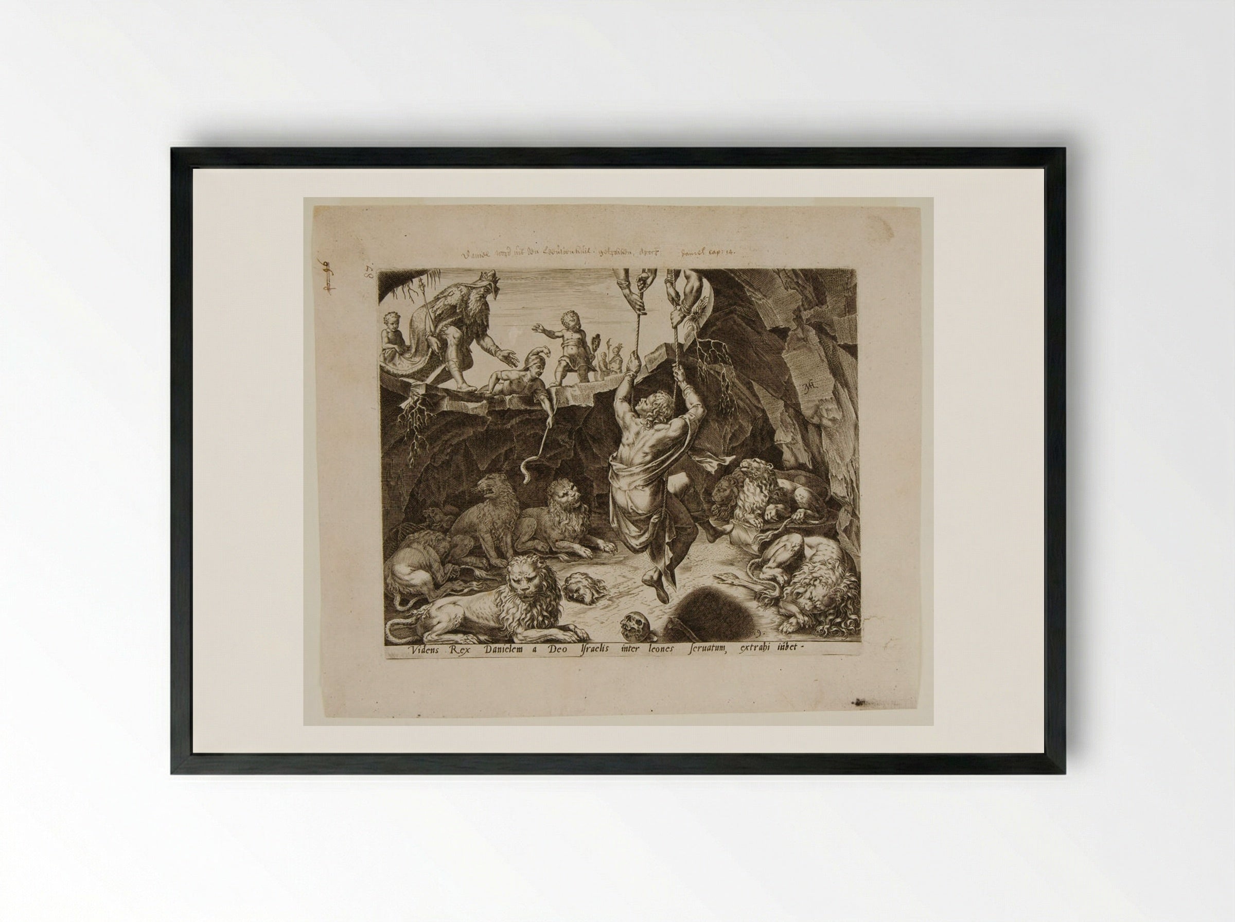 King Cyrus Rescues Daniel from the Lion's Den - Philips Galle - Framed Print Black