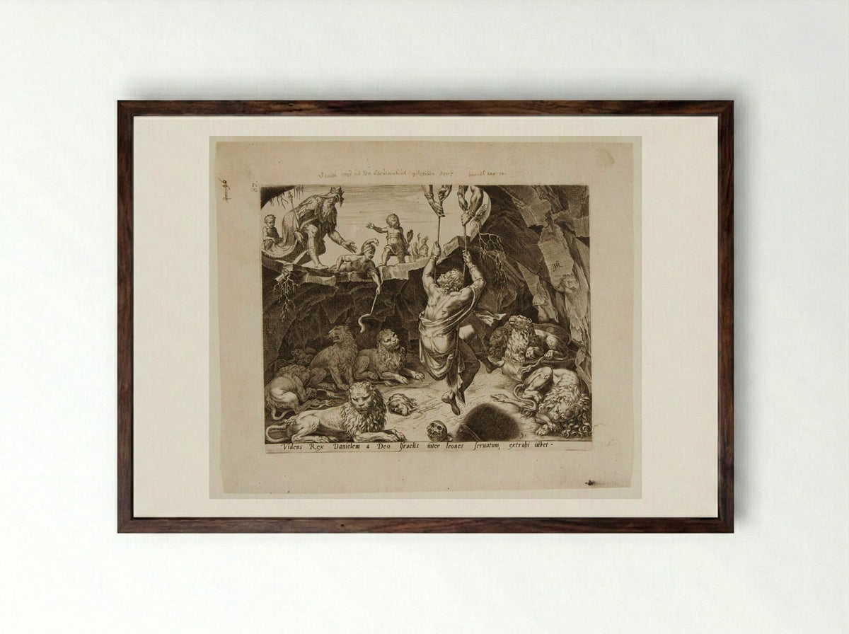 King Cyrus Rescues Daniel from the Lion's Den - Philips Galle - Framed Print Dark Wood