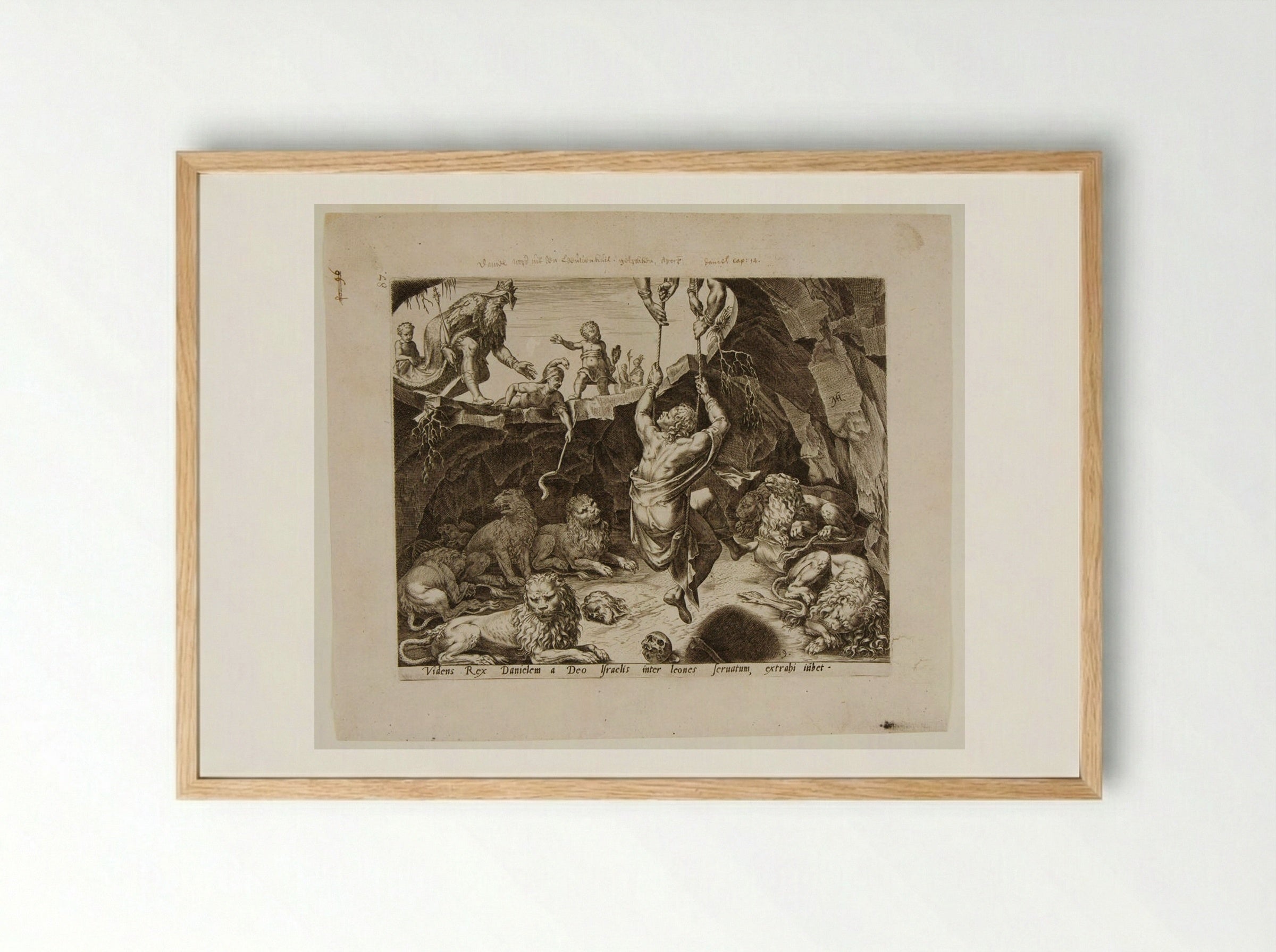 King Cyrus Rescues Daniel from the Lion's Den - Philips Galle - Framed Print Wood