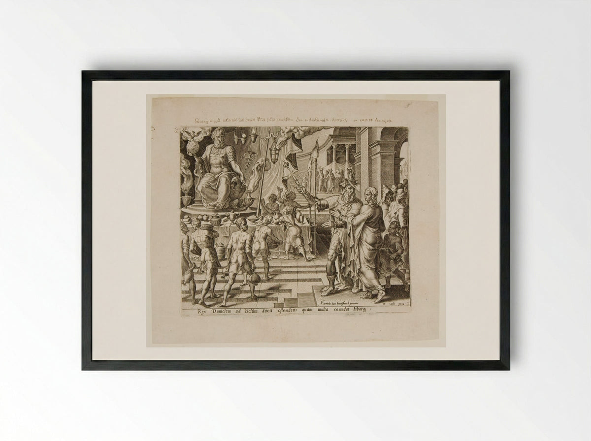 King Cyrus and the Priests Show Baal to Daniel - Philips Galle - Framed Print Black