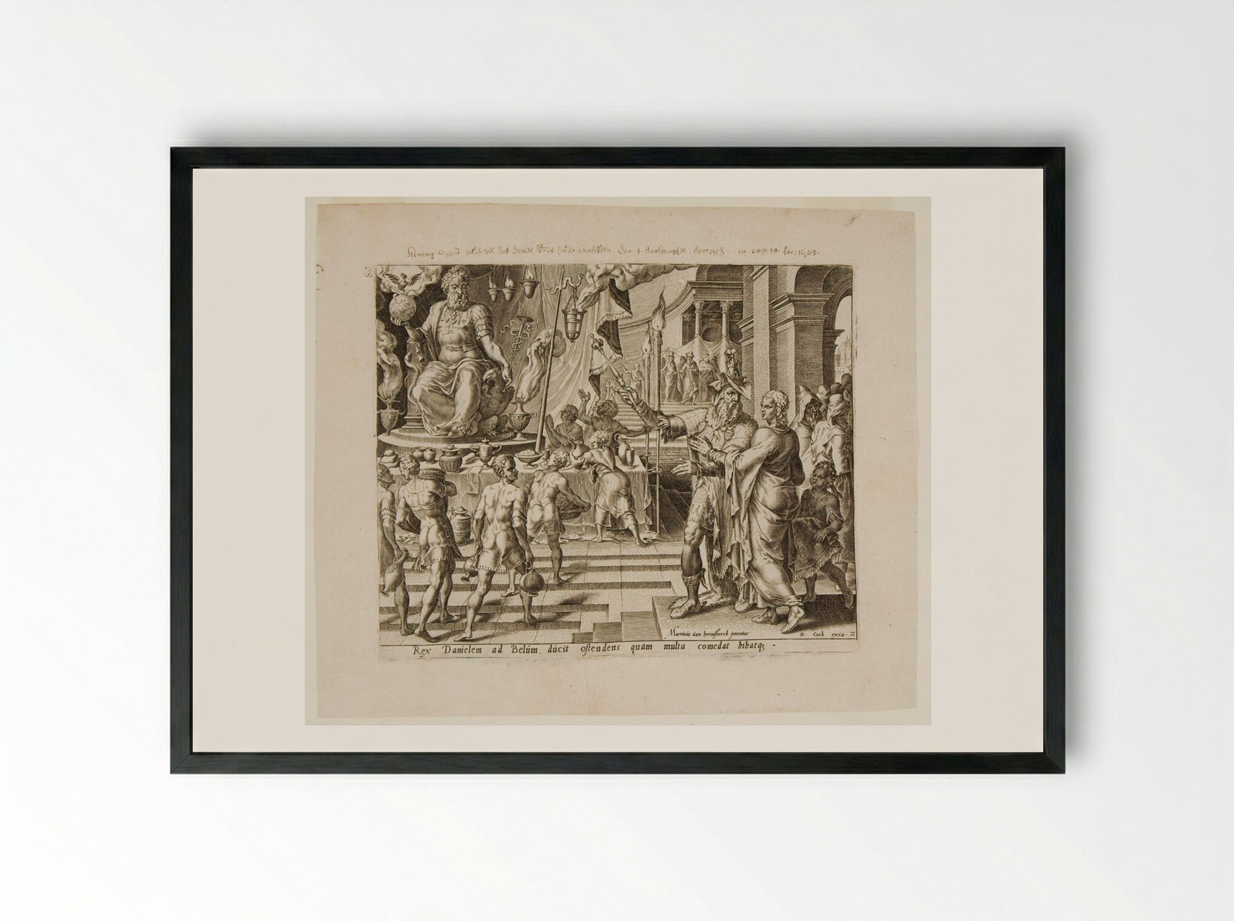 King Cyrus and the Priests Show Baal to Daniel - Philips Galle - Framed Print Black