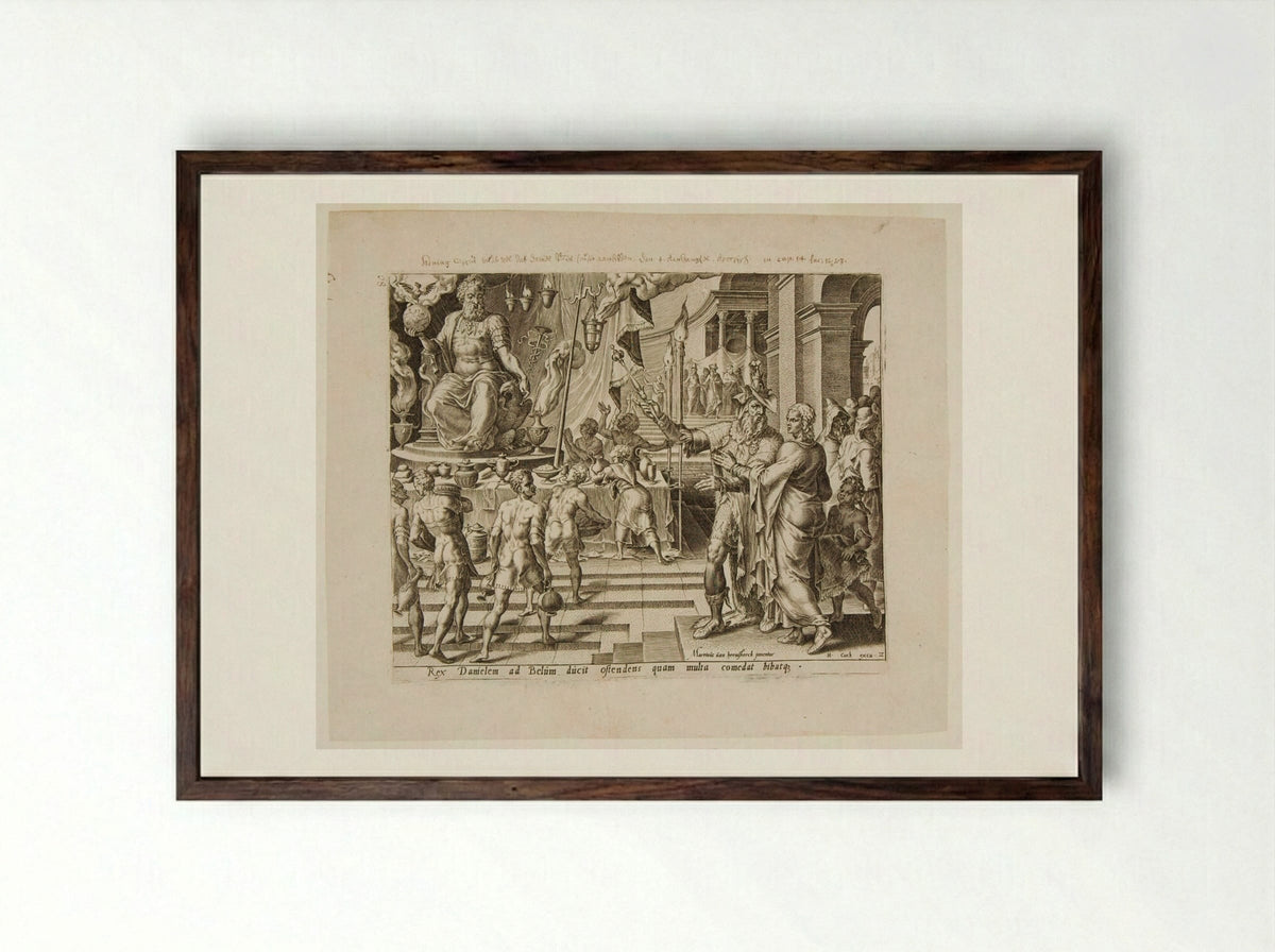King Cyrus and the Priests Show Baal to Daniel - Philips Galle - Framed Print Dark Wood