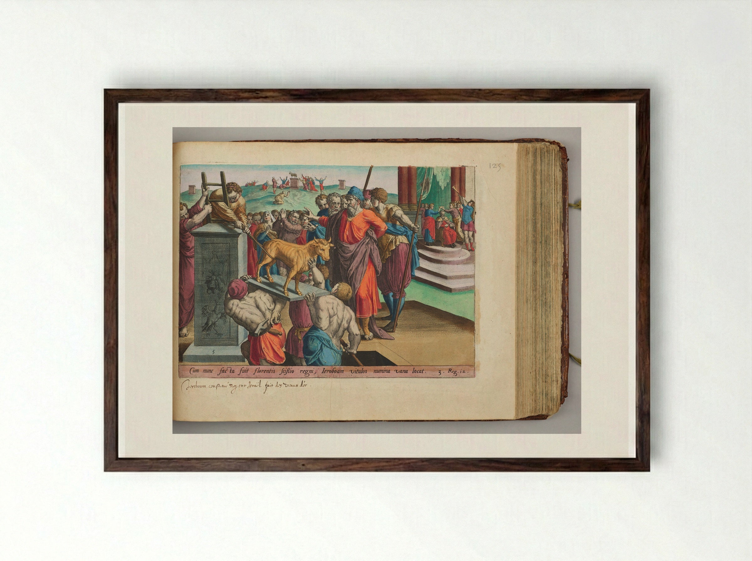 King Jeroboam Making Two Golden Calves - Hans Collaert the Elder - Framed Print Dark Wood