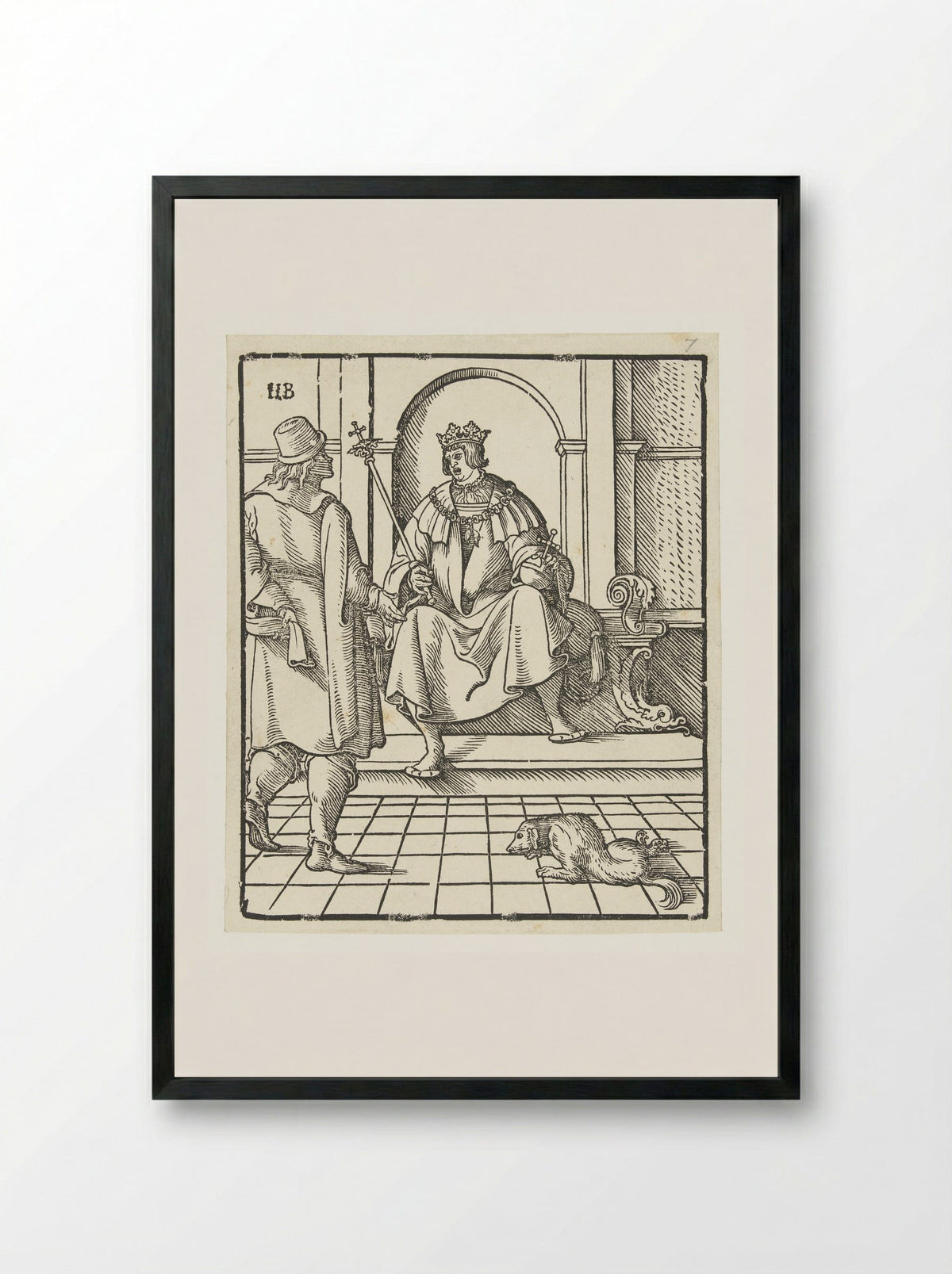 King Seated on a Throne in Conversation with a Standing Man - Peter Flötner - Framed Print Black