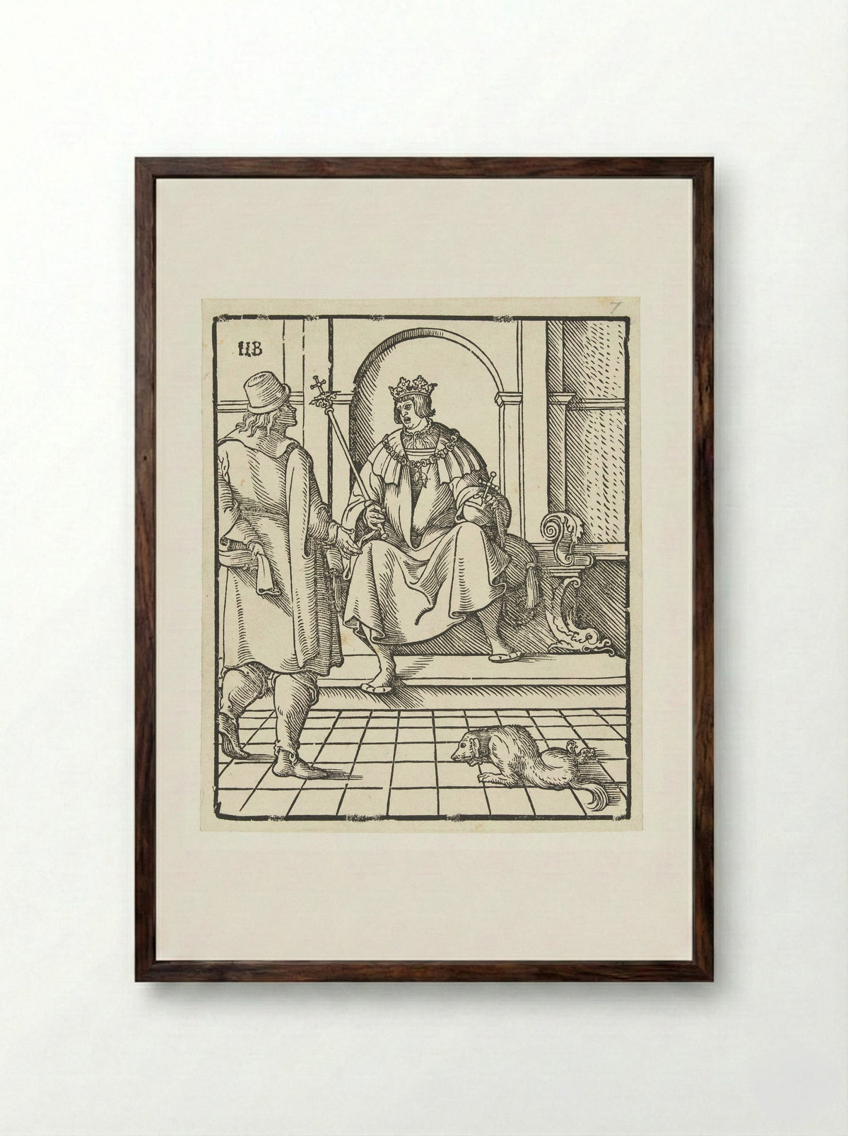 King Seated on a Throne in Conversation with a Standing Man - Peter Flötner - Framed Print Dark Wood