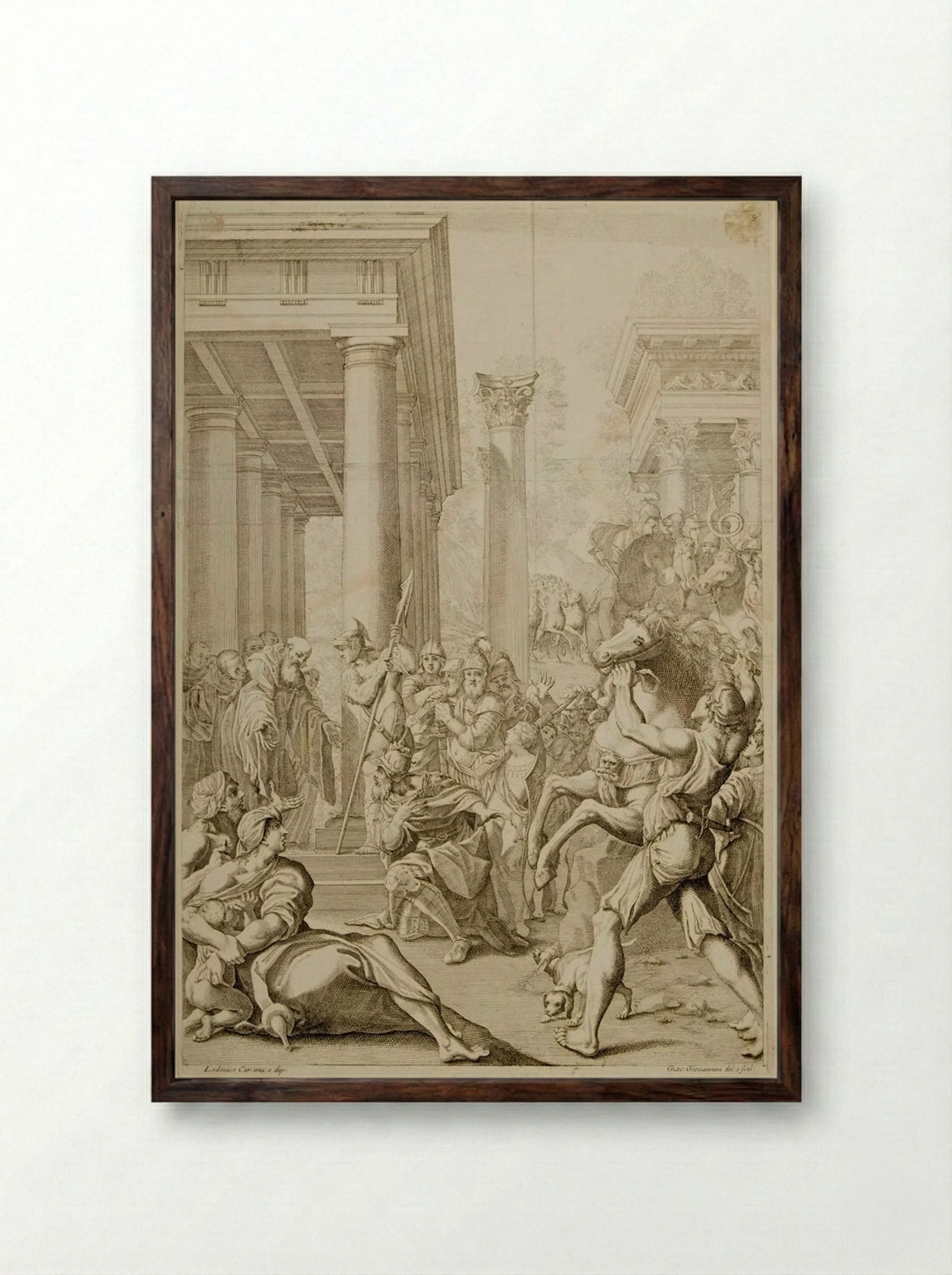 King Totila Visits Saint Benedict - Jacopo Maria Giovannini - Framed Print Dark Wood