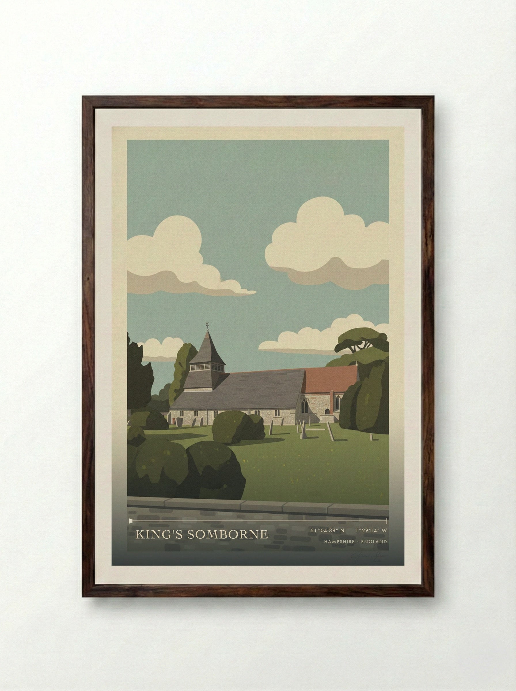 King's Somborne Hampshire England Travel Poster - Framed Print Dark Wood