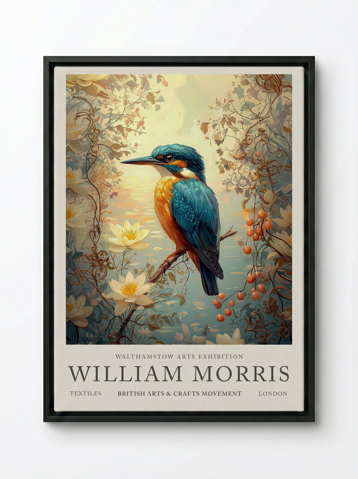 Kingfisher Calm - William Morris - Framed Canvas Black