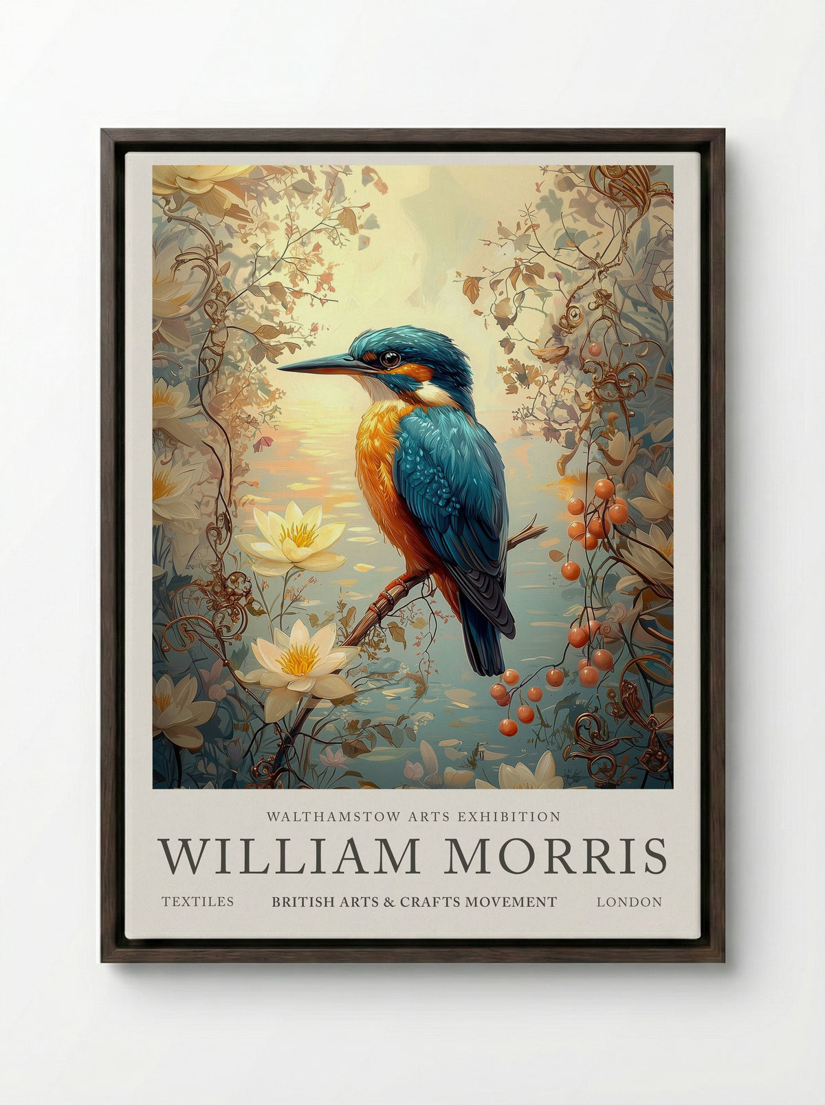 Kingfisher Calm - William Morris - Framed Canvas Dark Wood