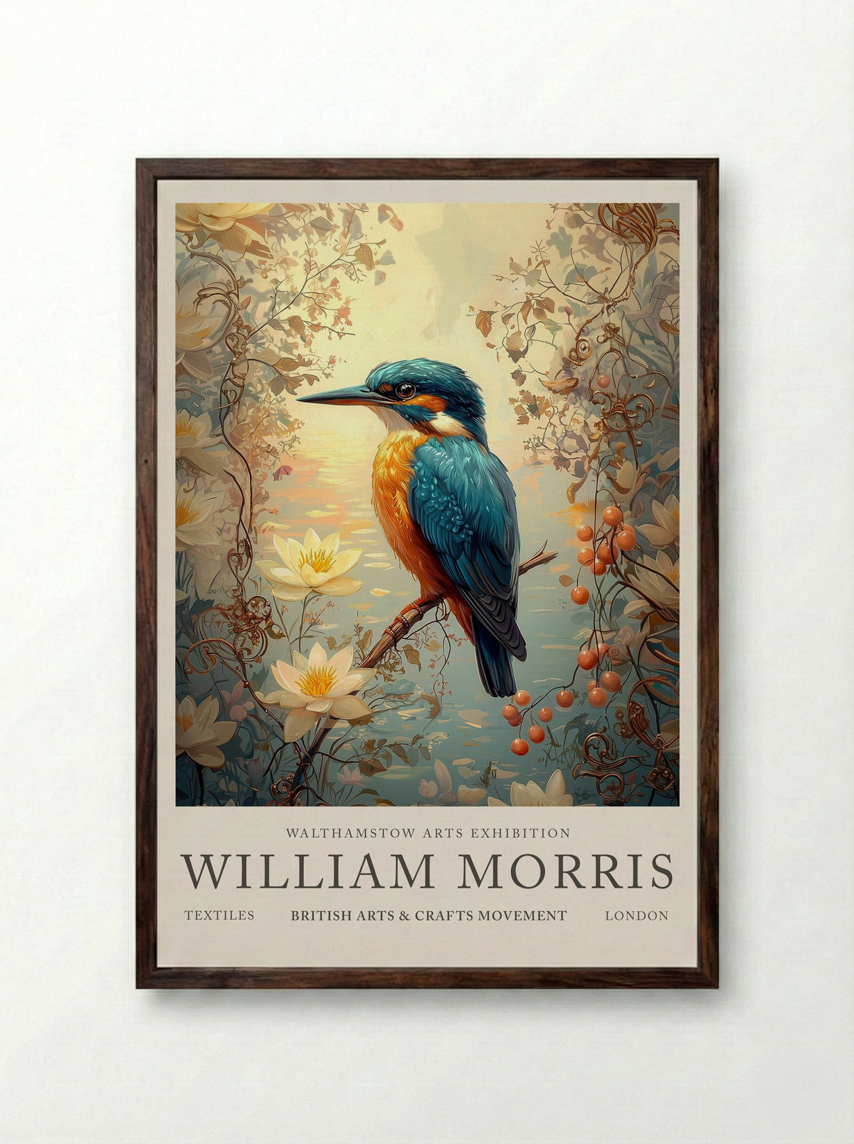 Kingfisher Calm - William Morris - Framed Print Dark Wood