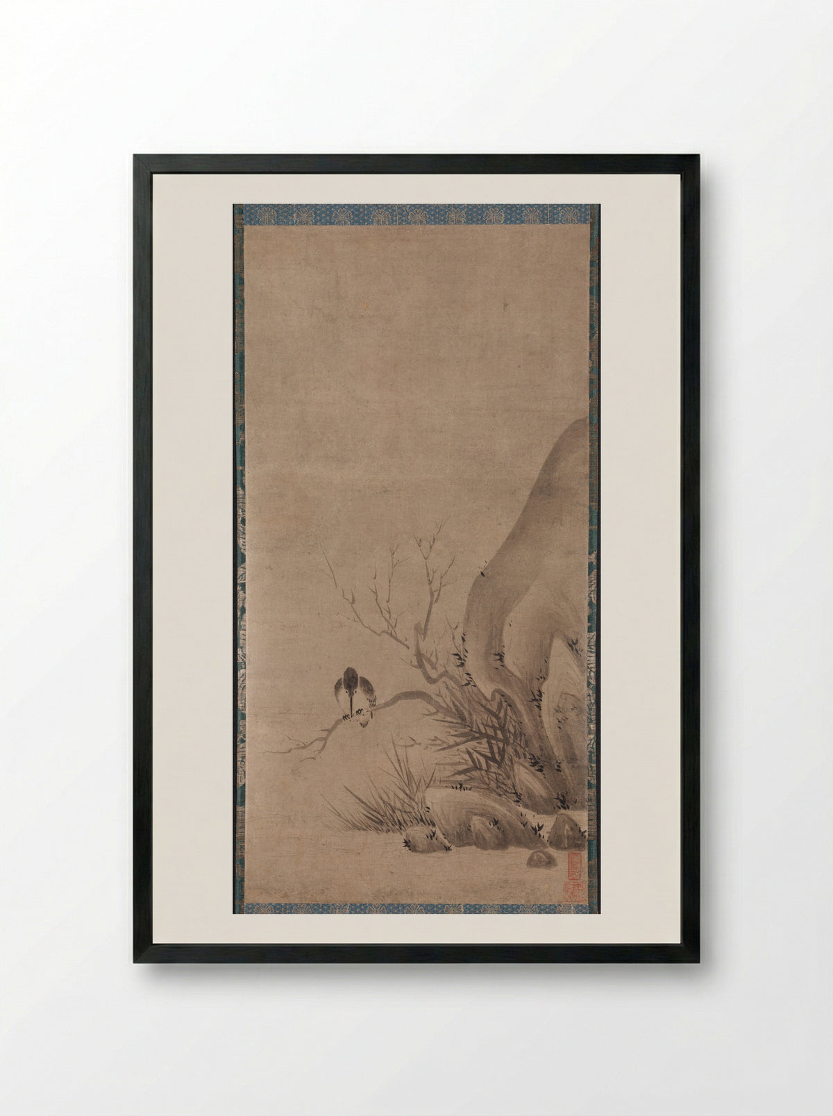Kingfisher Perched above a Stream - Kenkō Shōkei - Framed Print Black