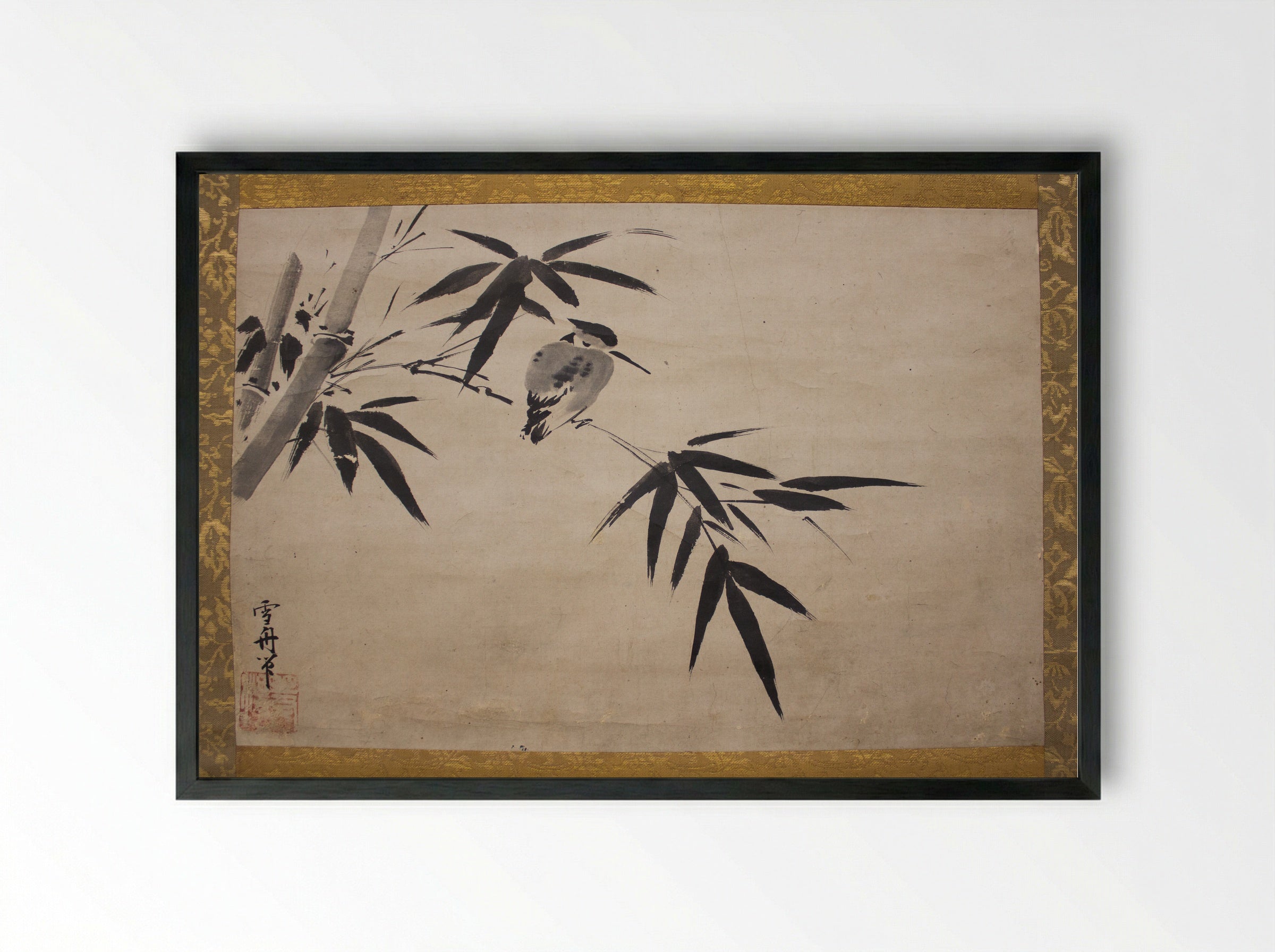 Kingfisher and Bamboo - Sesshū Tōyō - Framed Print Black