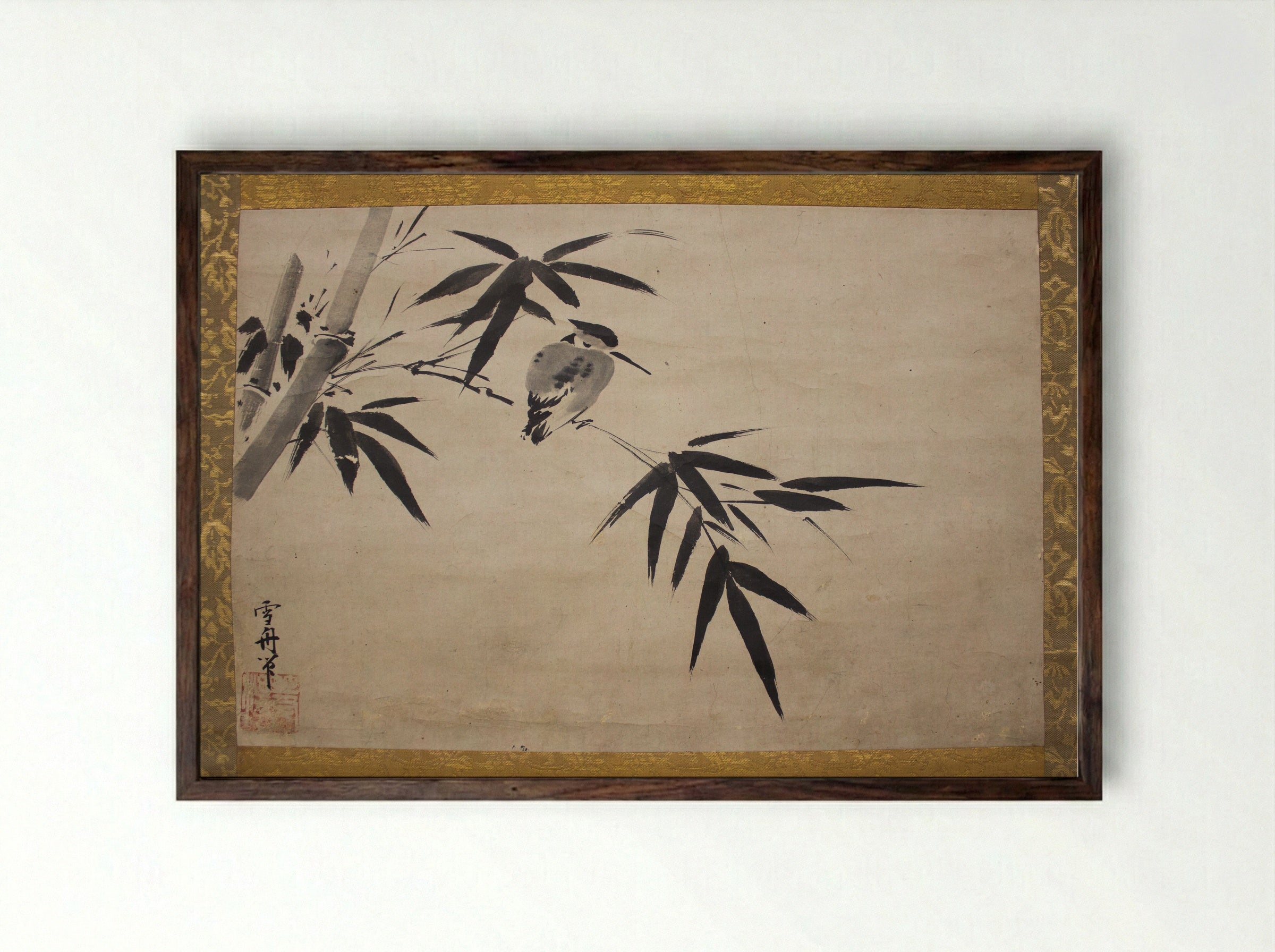 Kingfisher and Bamboo - Sesshū Tōyō - Framed Print Dark Wood