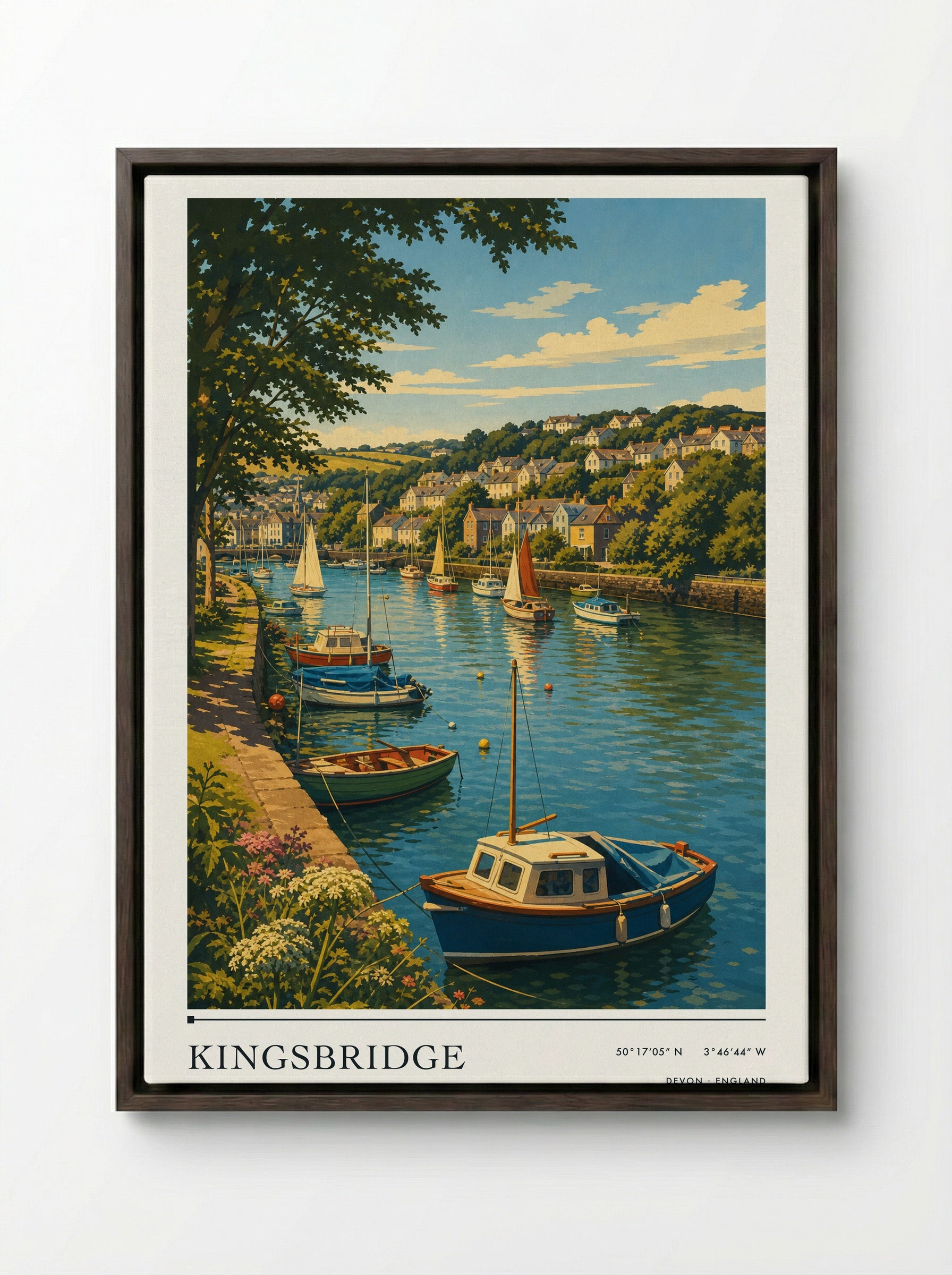 Kingsbridge Devon England Travel Poster - Framed Canvas Dark Wood
