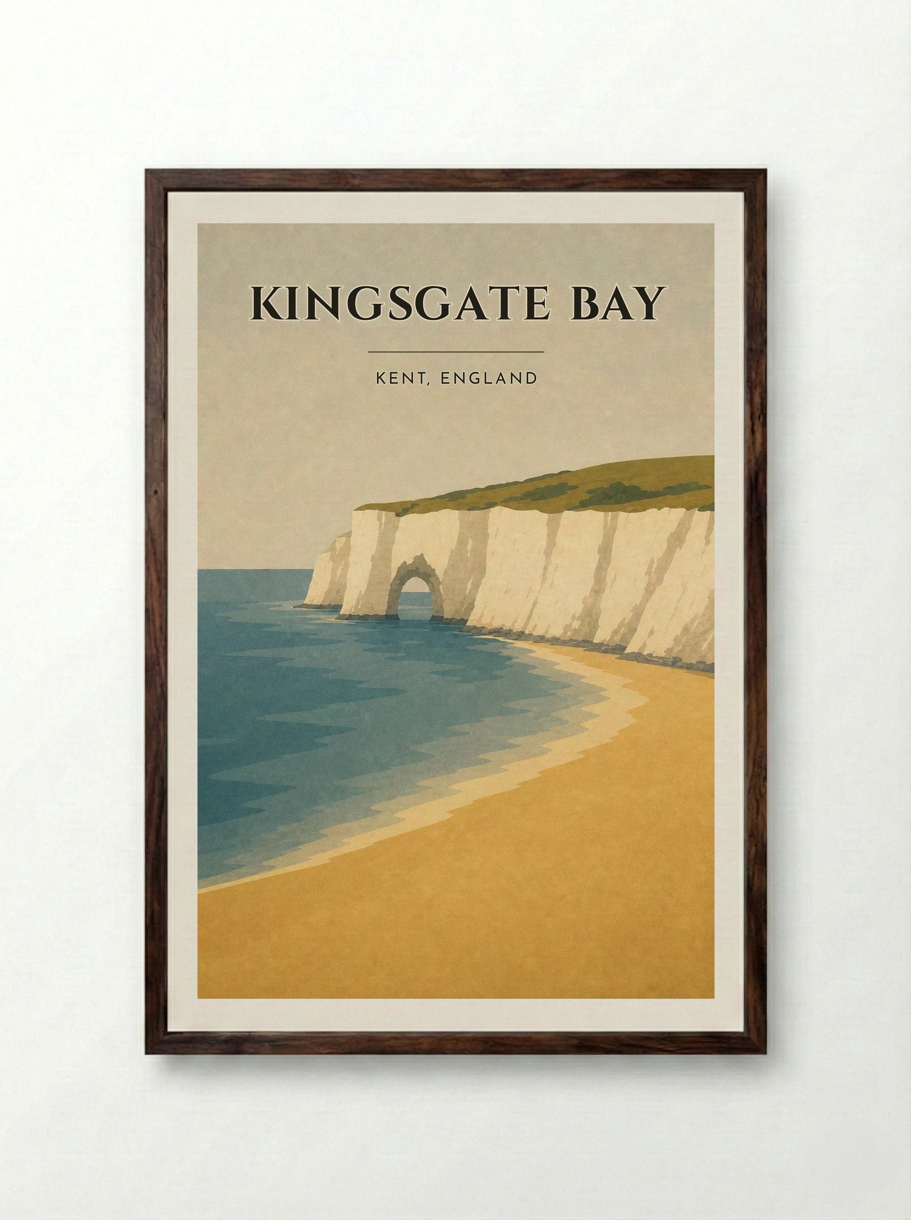Kingsgate Bay Kent Travel Poster - Framed Print Dark Wood