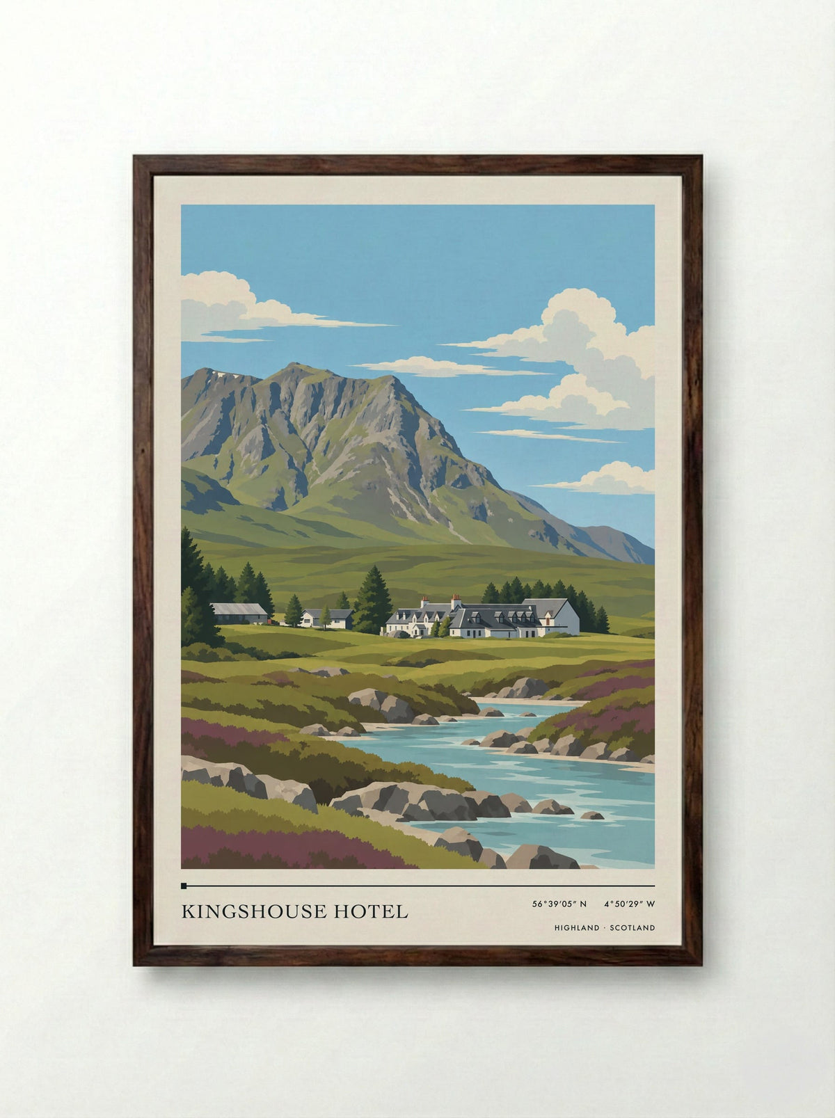 Kingshouse Hotel, Highland | Travel Poster - Framed Print Dark Wood