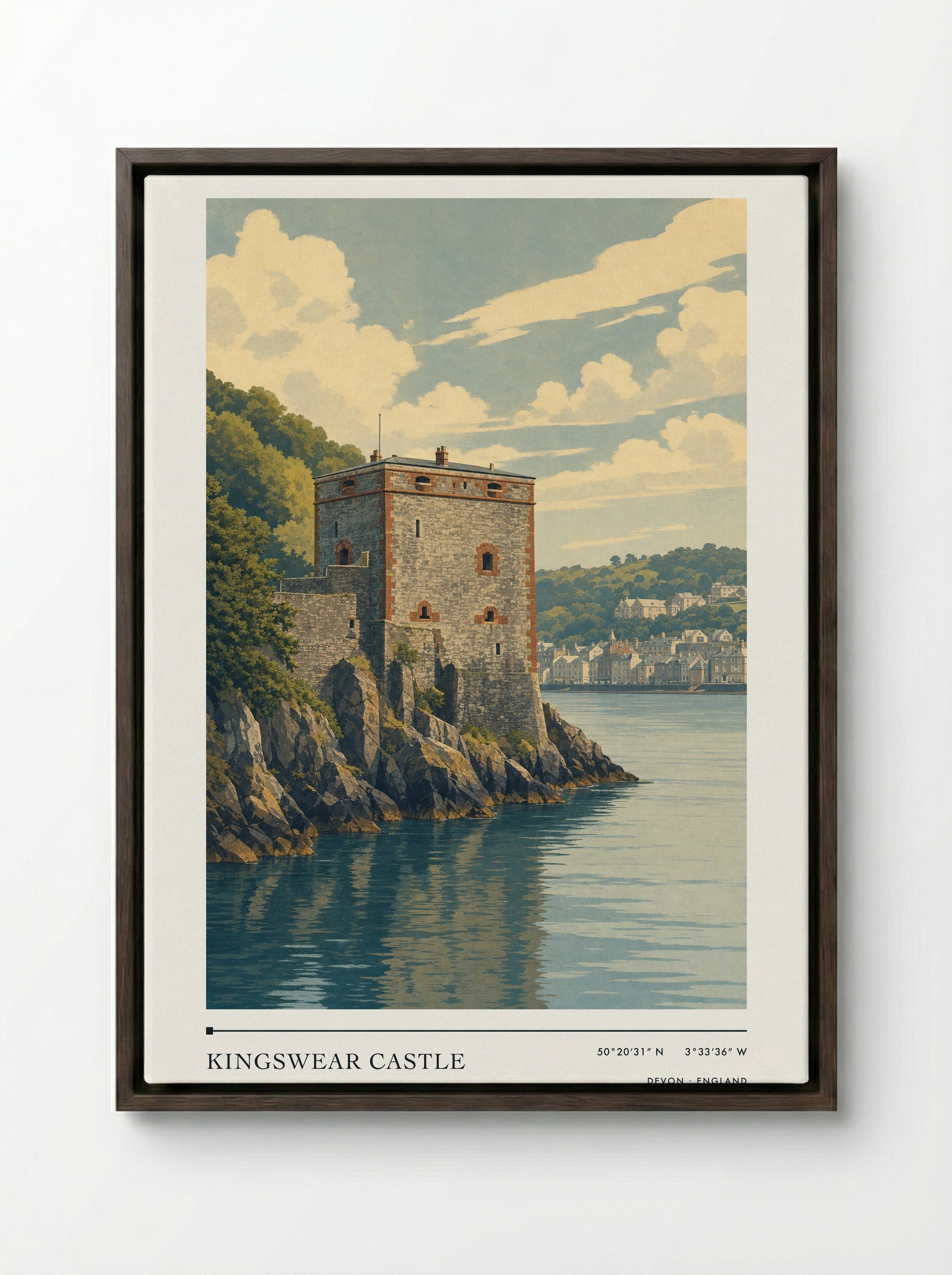Kingswear Castle Devon England Travel Poster - Framed Canvas Dark Wood