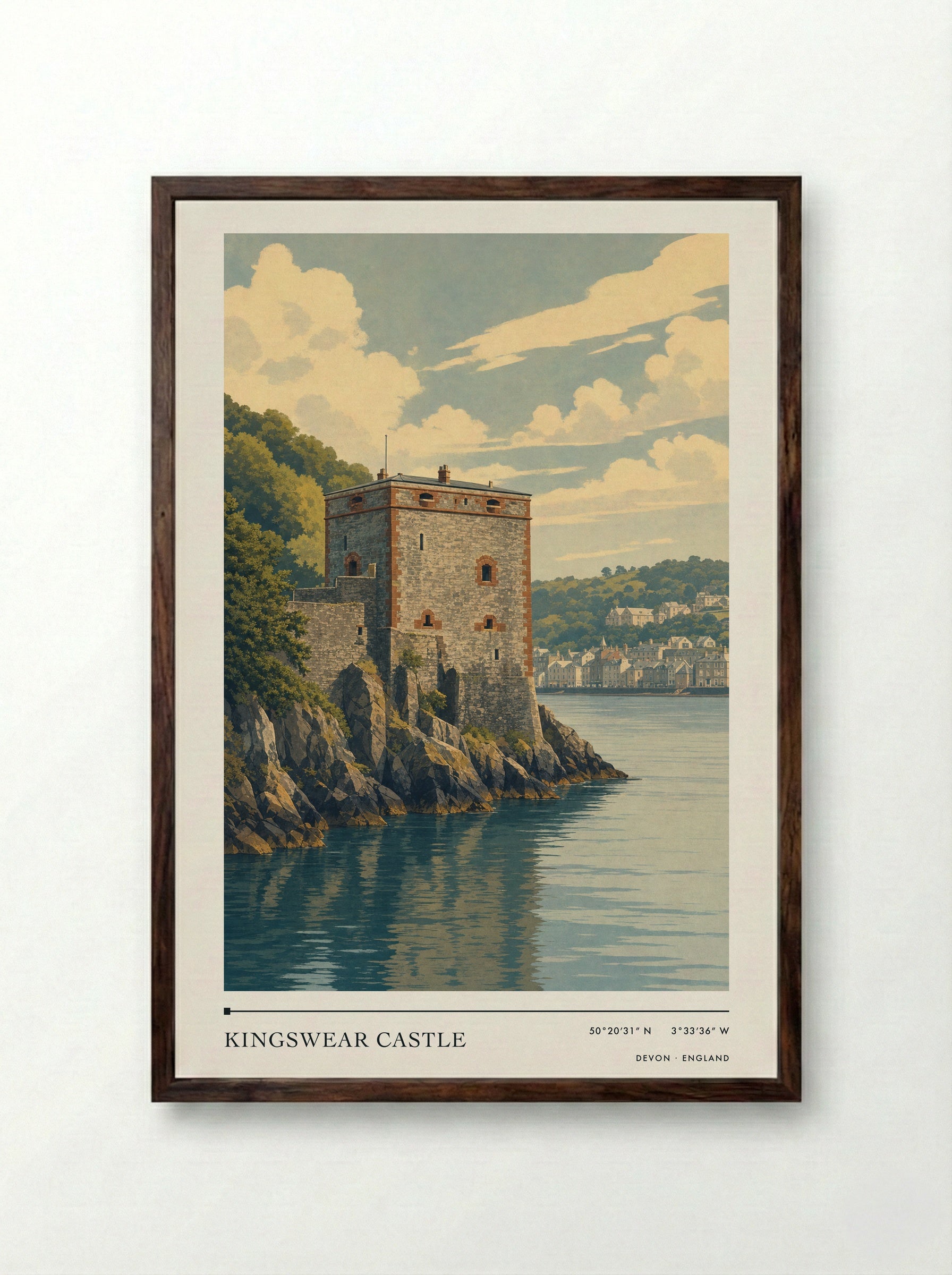 Kingswear Castle Devon England Travel Poster - Framed Print Dark Wood