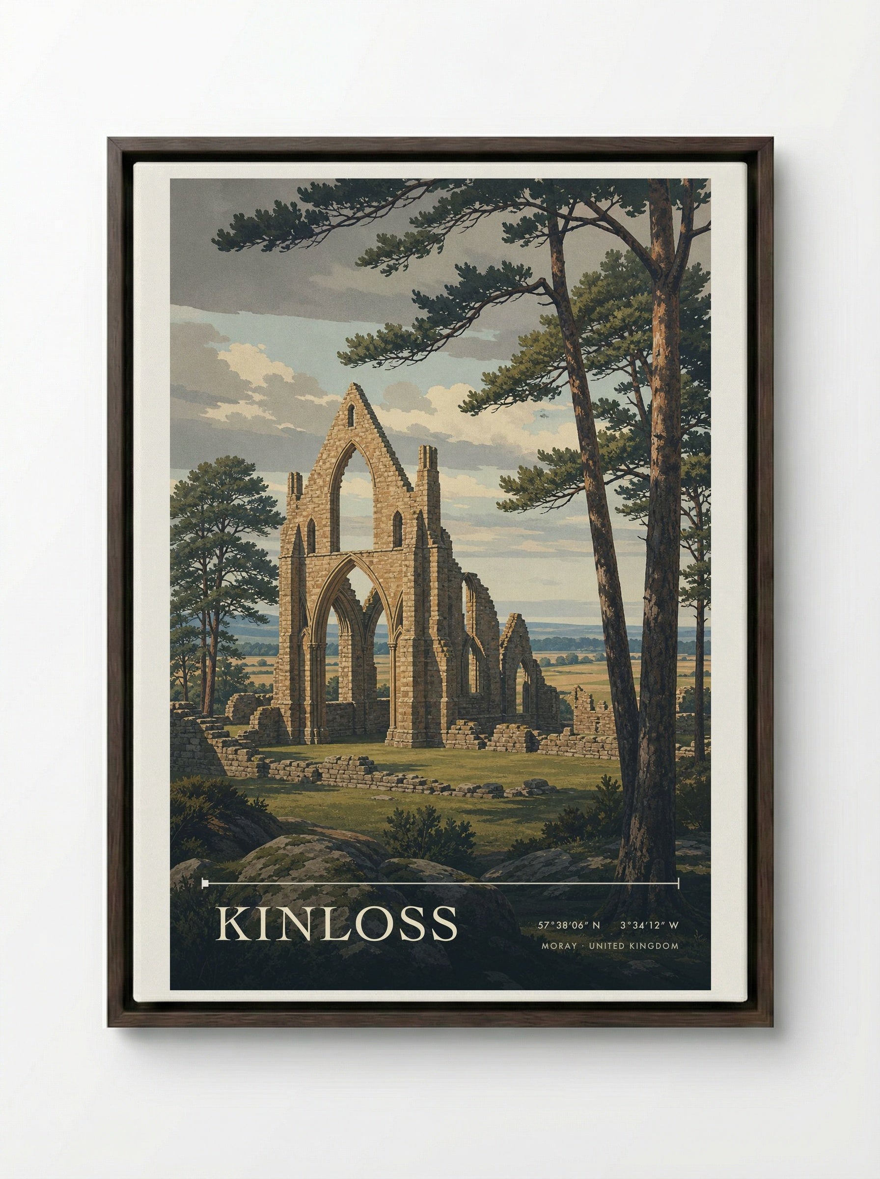 Kinloss Moray United Kingdom Travel Poster - Framed Canvas Dark Wood