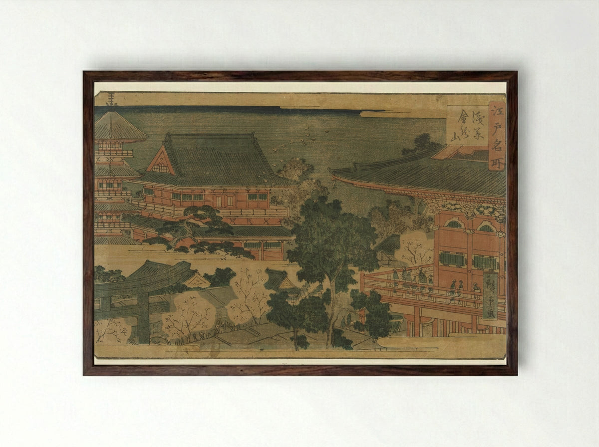 Kinryuzan Temple at Asakusa - Tsujiokaya Bunsuke - Framed Print Dark Wood