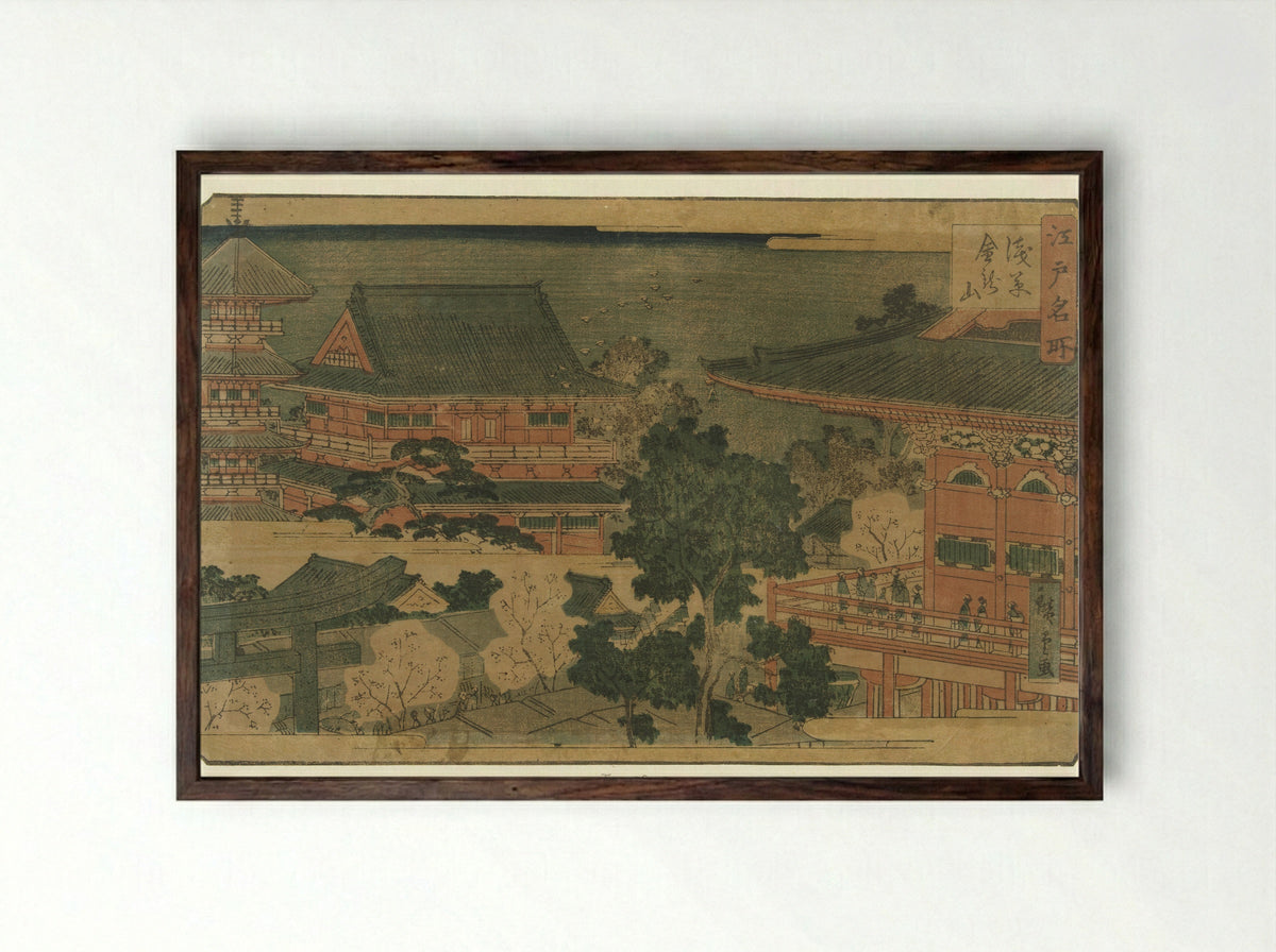 Kinryuzan Temple at Asakusa - Tsujiokaya Bunsuke - Framed Print Dark Wood