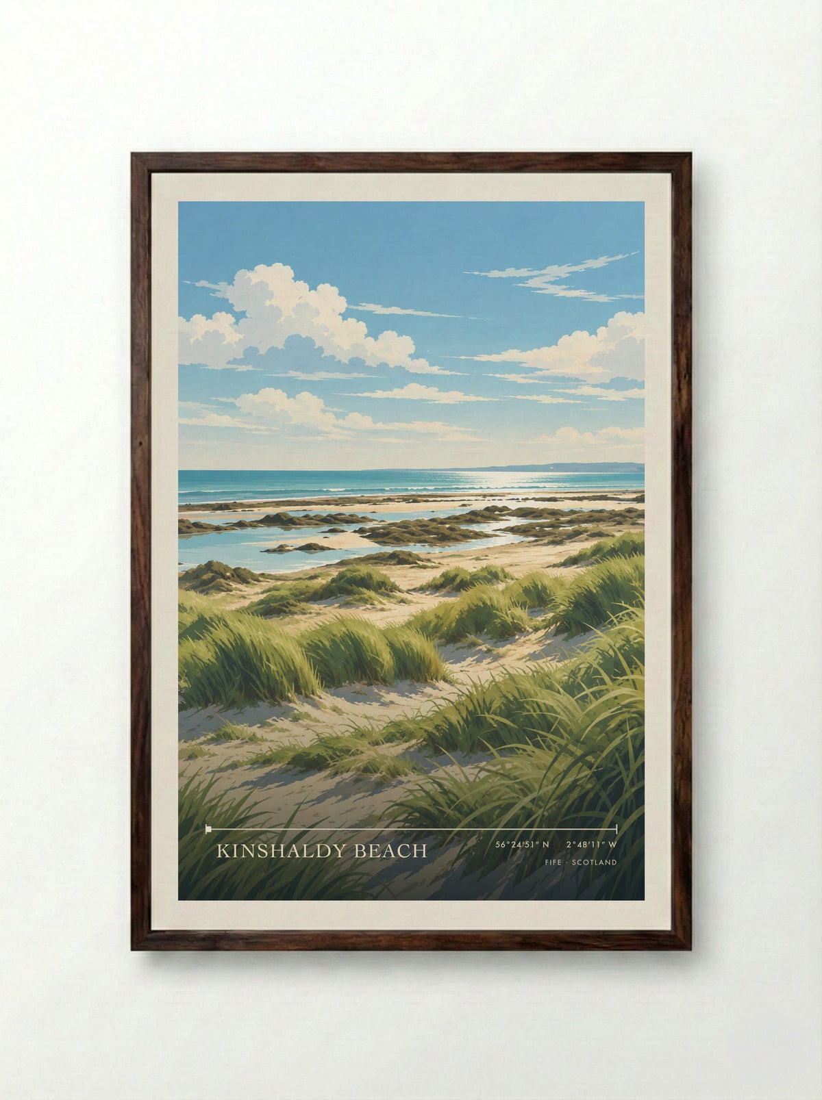 Kinshaldy Beach, Fife | Travel Poster - Framed Print Dark Wood