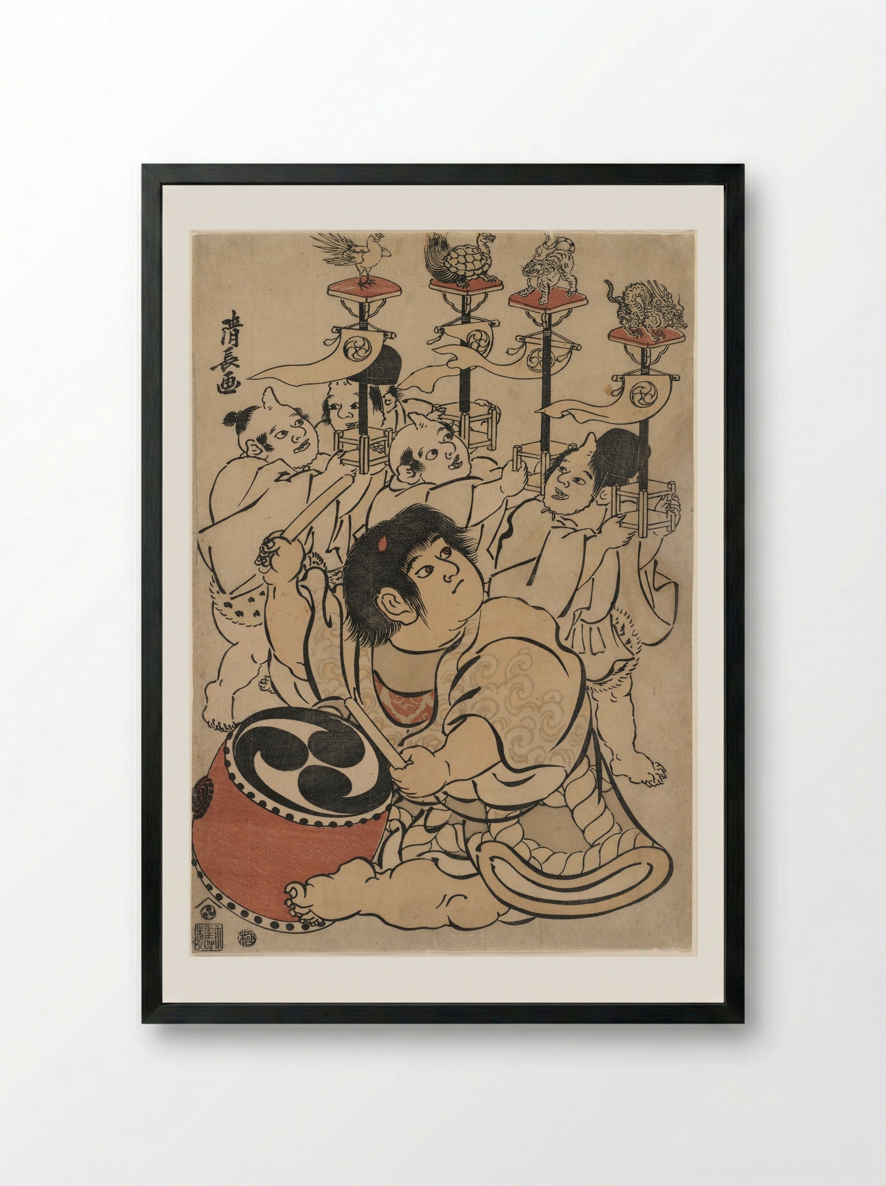 Kintarō Beating a Drum Followed by Four Young Oni Carrying Standards of the Four Directions - Torii Kiyonaga - Framed Print Black