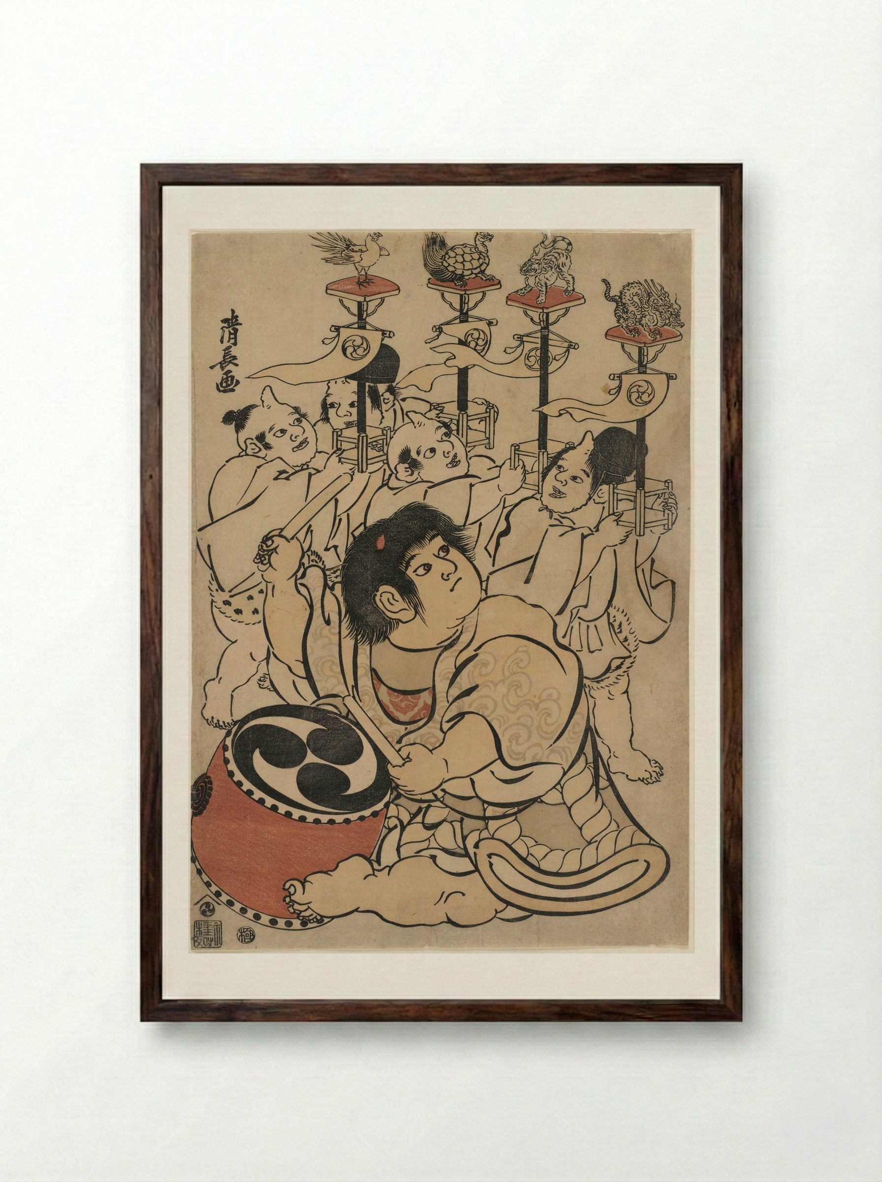 Kintarō Beating a Drum Followed by Four Young Oni Carrying Standards of the Four Directions - Torii Kiyonaga - Framed Print Dark Wood
