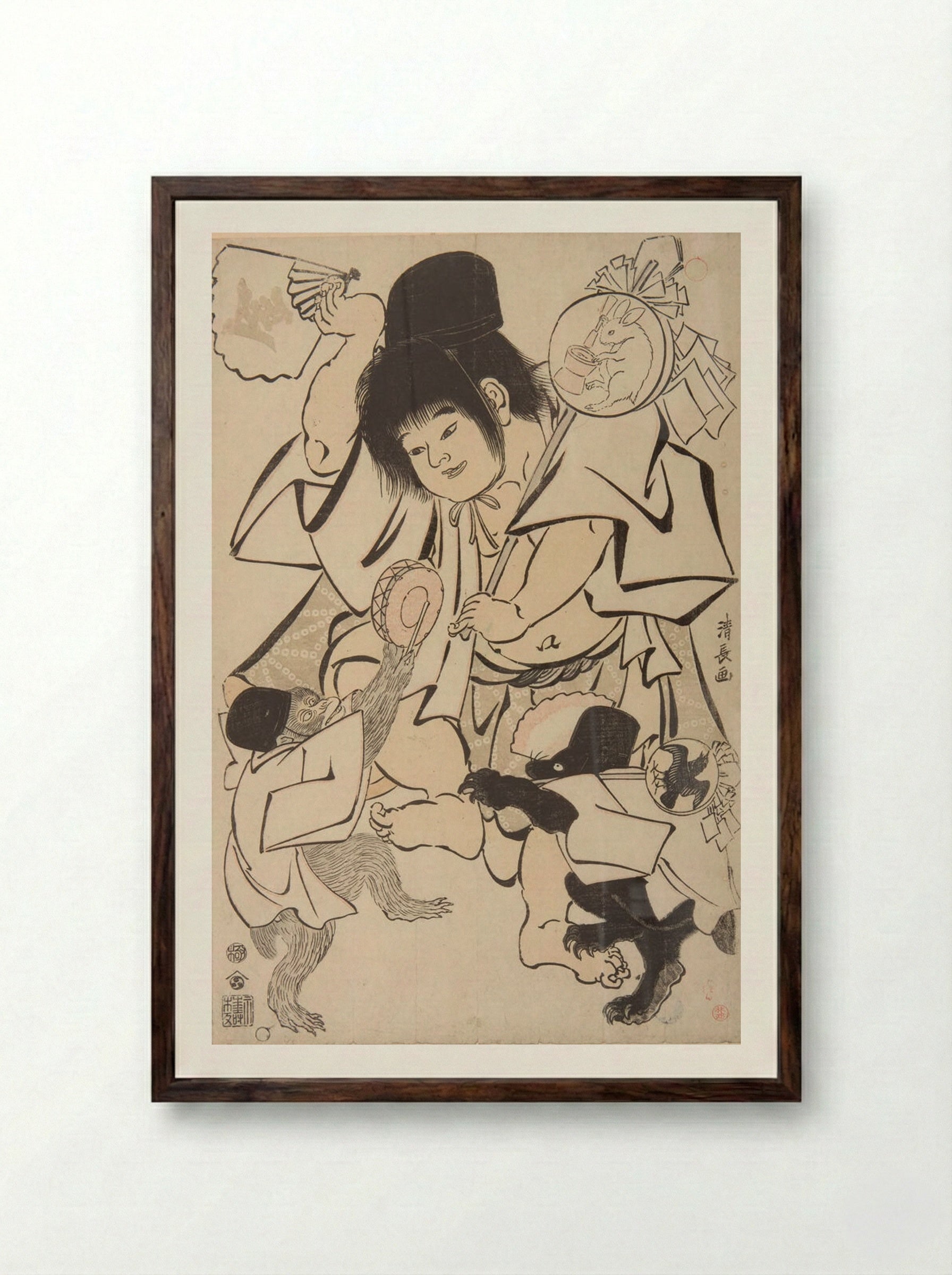 Kintarō Dancing with a Monkey and Bear - Torii Kiyonaga - Framed Print Dark Wood
