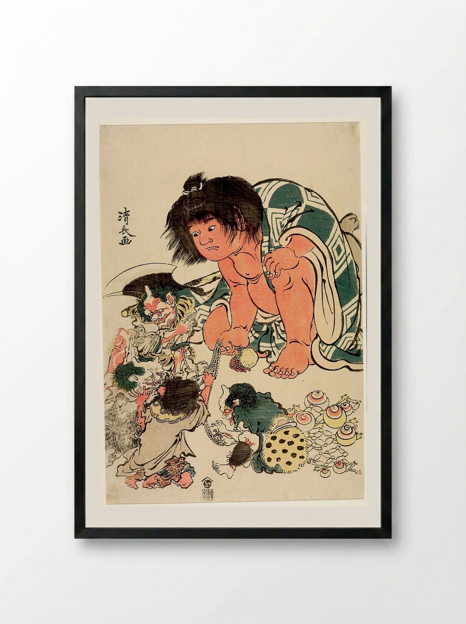 Kintarō Making Four Demons Draw Lots - Torii Kiyonaga - Framed Print Black