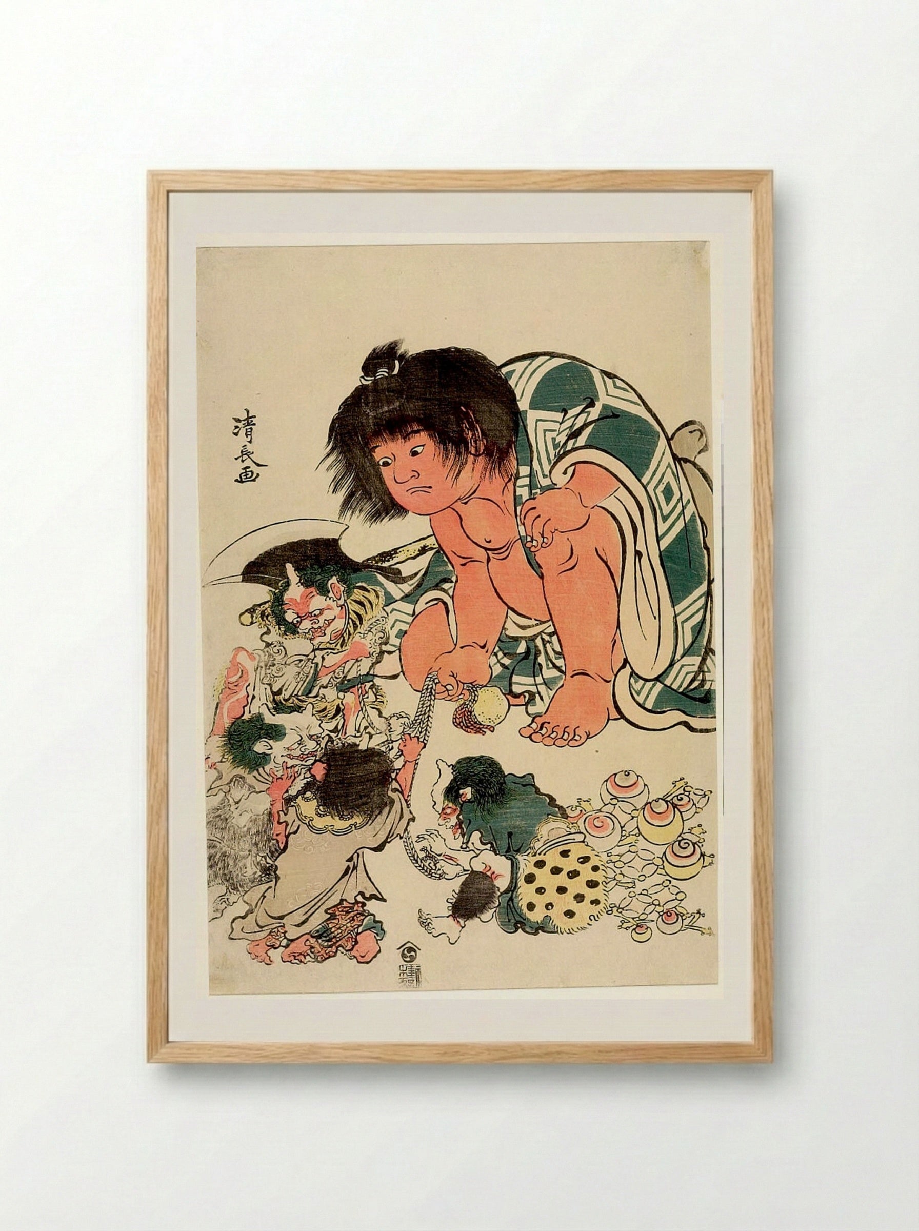Kintarō Making Four Demons Draw Lots - Torii Kiyonaga - Framed Print Wood