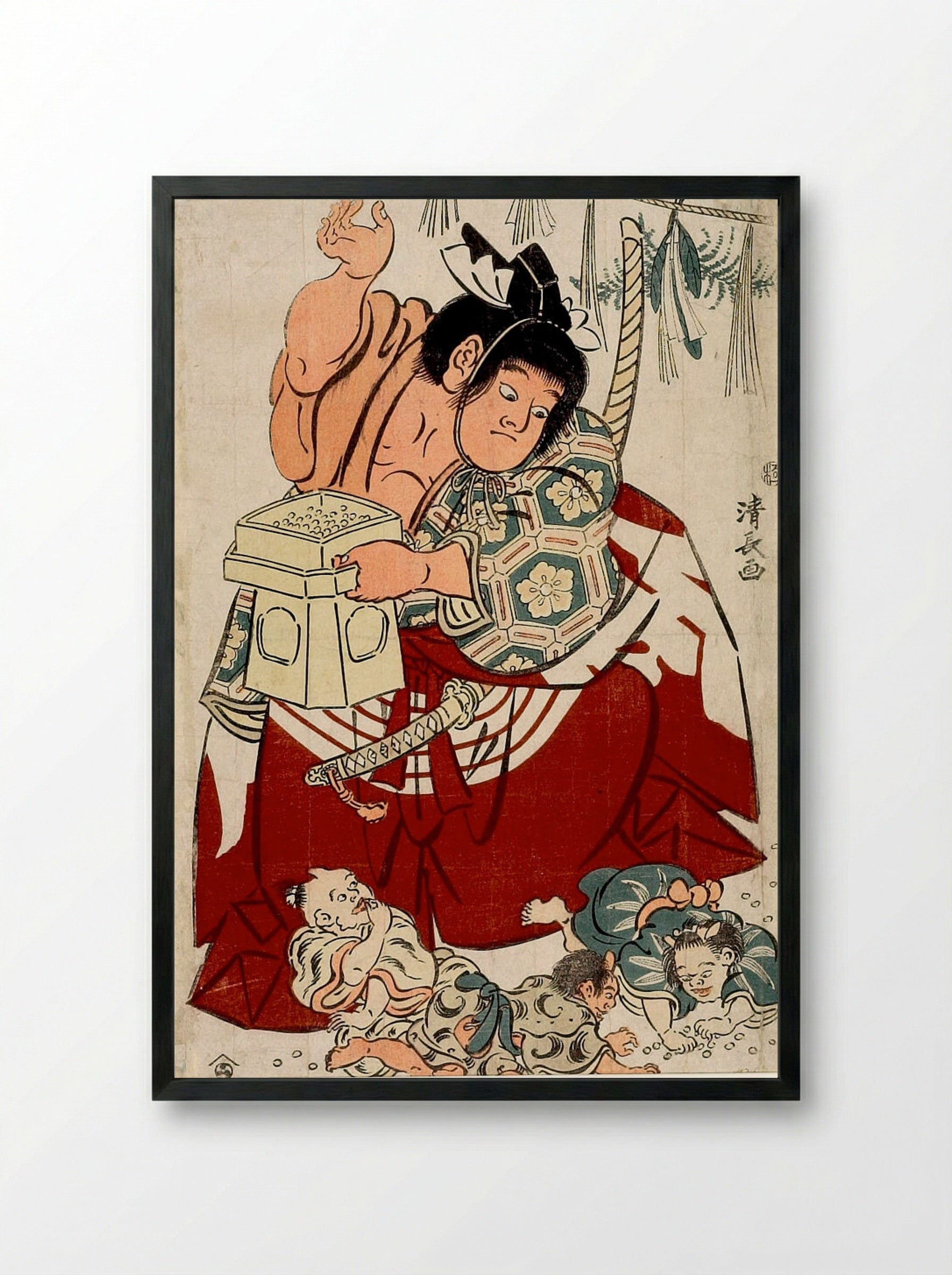 Kintarō Throwing Beans at the Setsubun Festival - Torii Kiyonaga - Framed Print Black